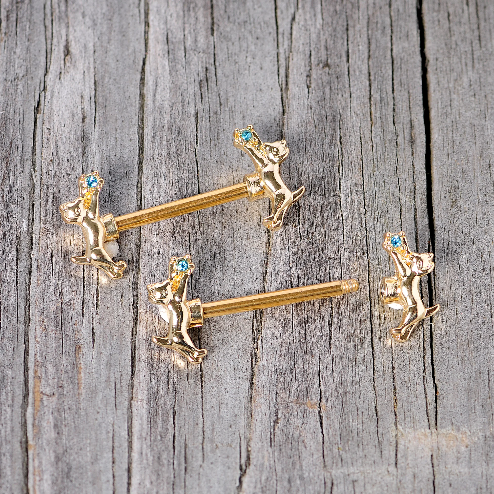 14G 9/16 Blue Gem Gold Tone Leaping Cat Barbell Nipple Ring Set - Image 4