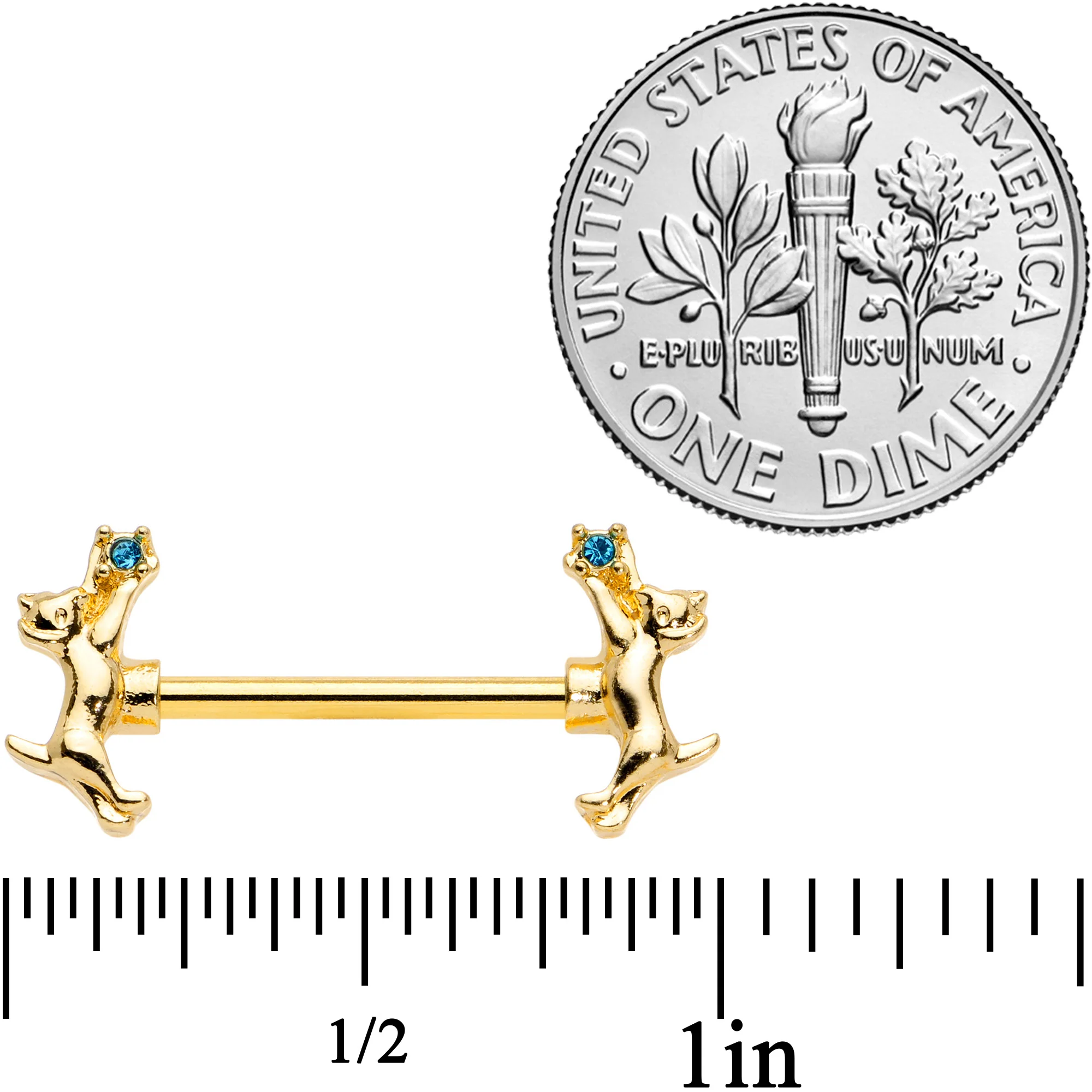 14G 9/16 Blue Gem Gold Tone Leaping Cat Barbell Nipple Ring Set - Image 5