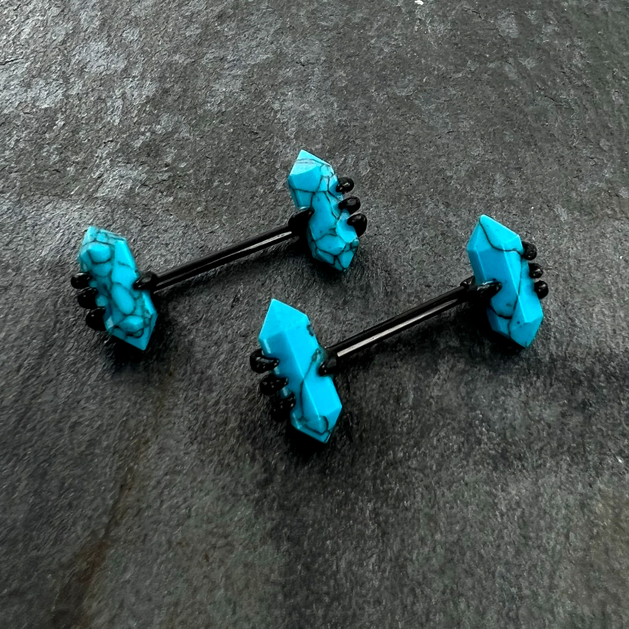 14G 9/16 Blue Turquoise Black Claw Barbell Nipple Ring Set - Image 12