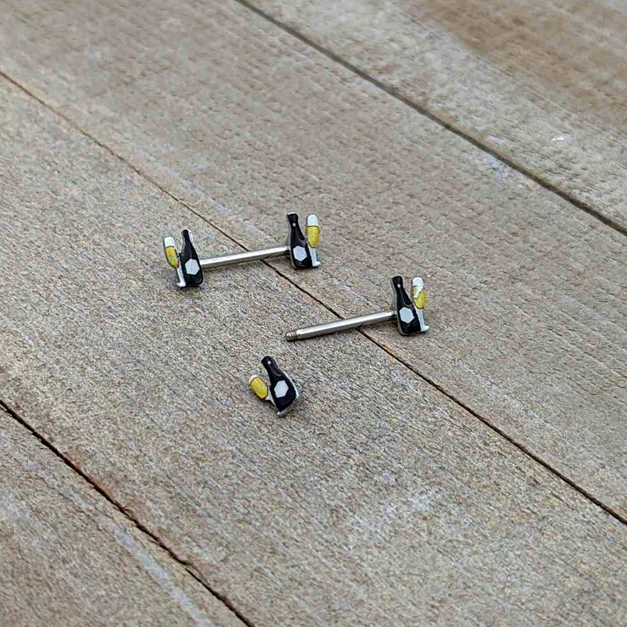 14G 9/16 Champagne Bottle Flute Yellow Barbell Nipple Ring Set - Image 7
