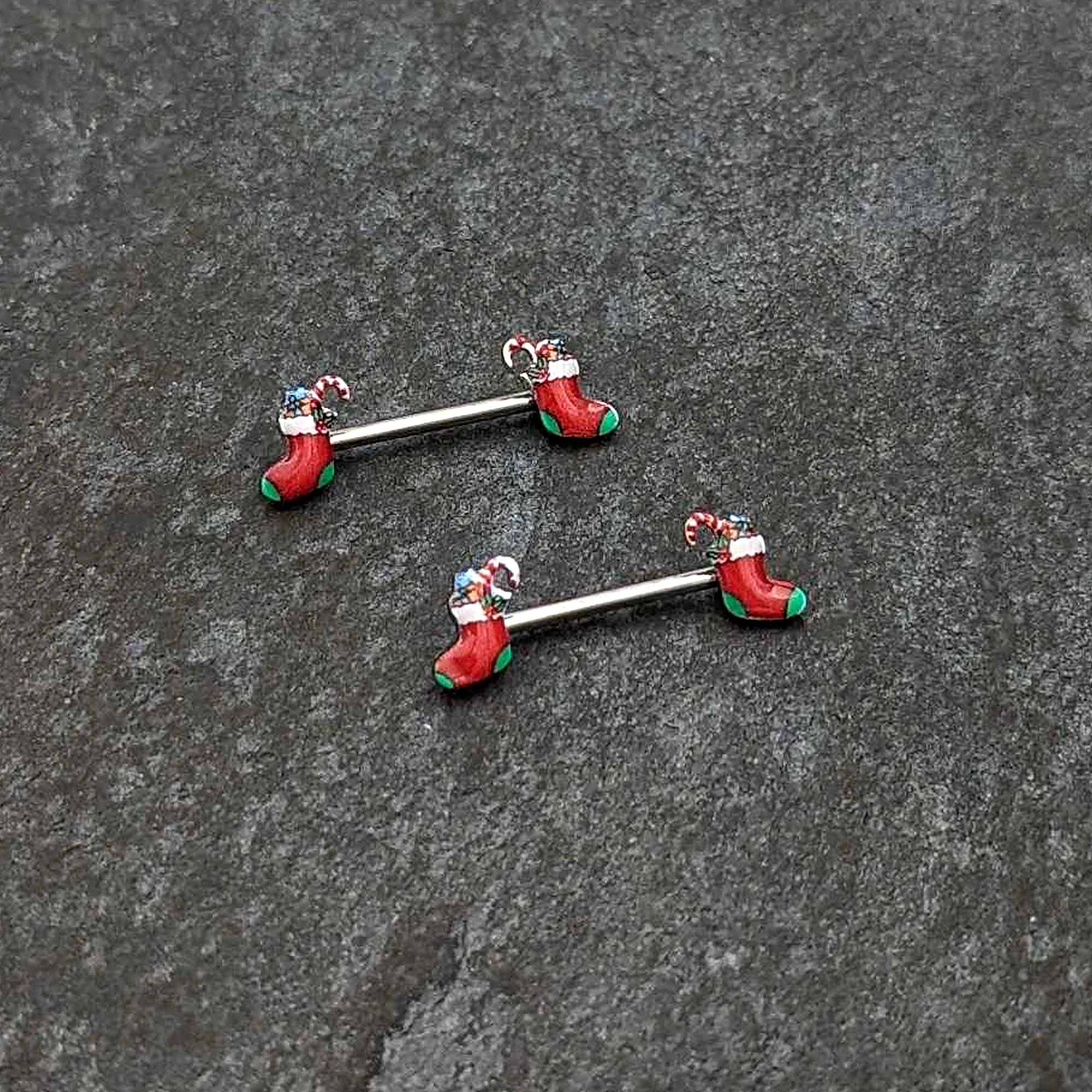 14G 9/16 Cheery Christmas Stocking Red Barbell Nipple Ring Set - Image 4