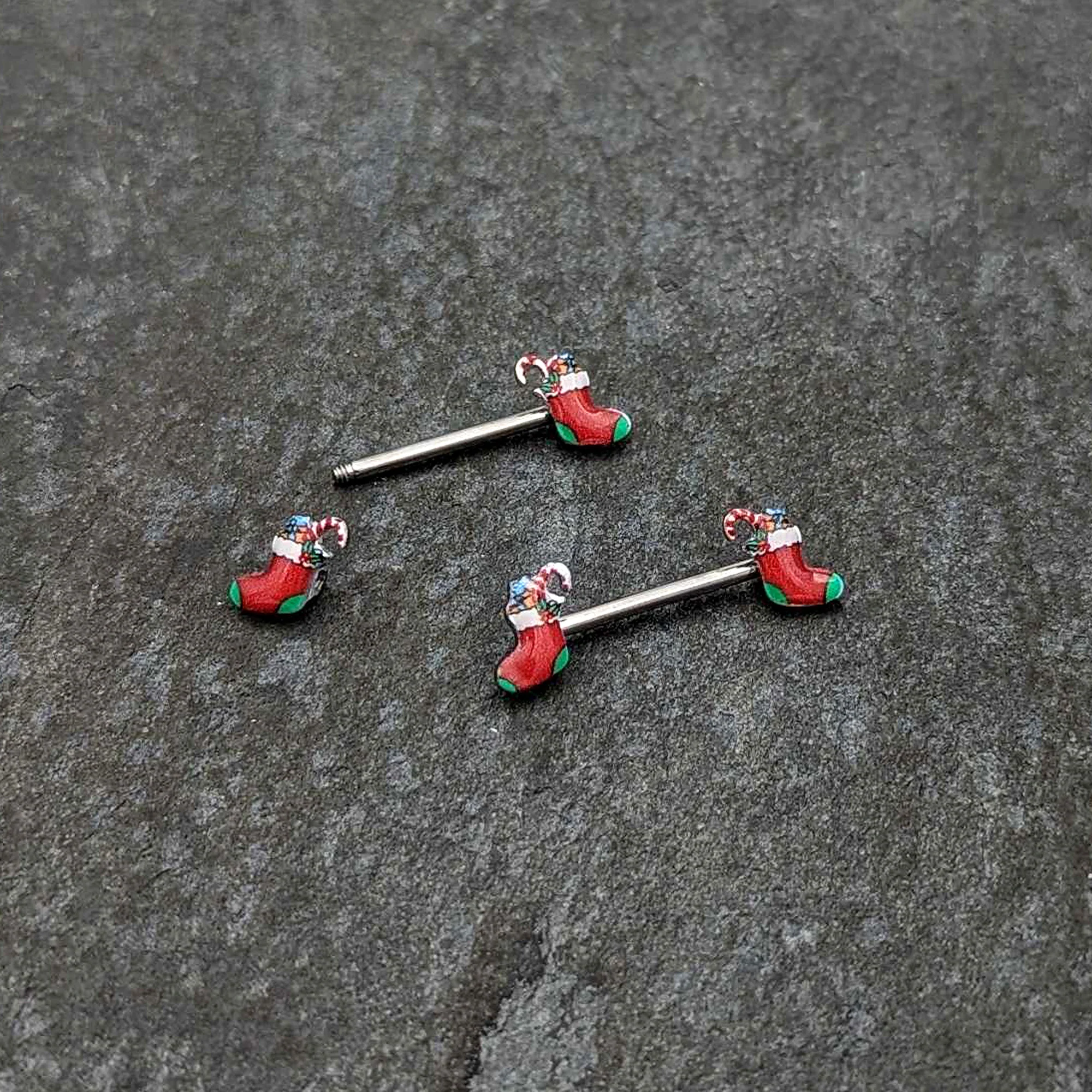 14G 9/16 Cheery Christmas Stocking Red Barbell Nipple Ring Set - Image 5