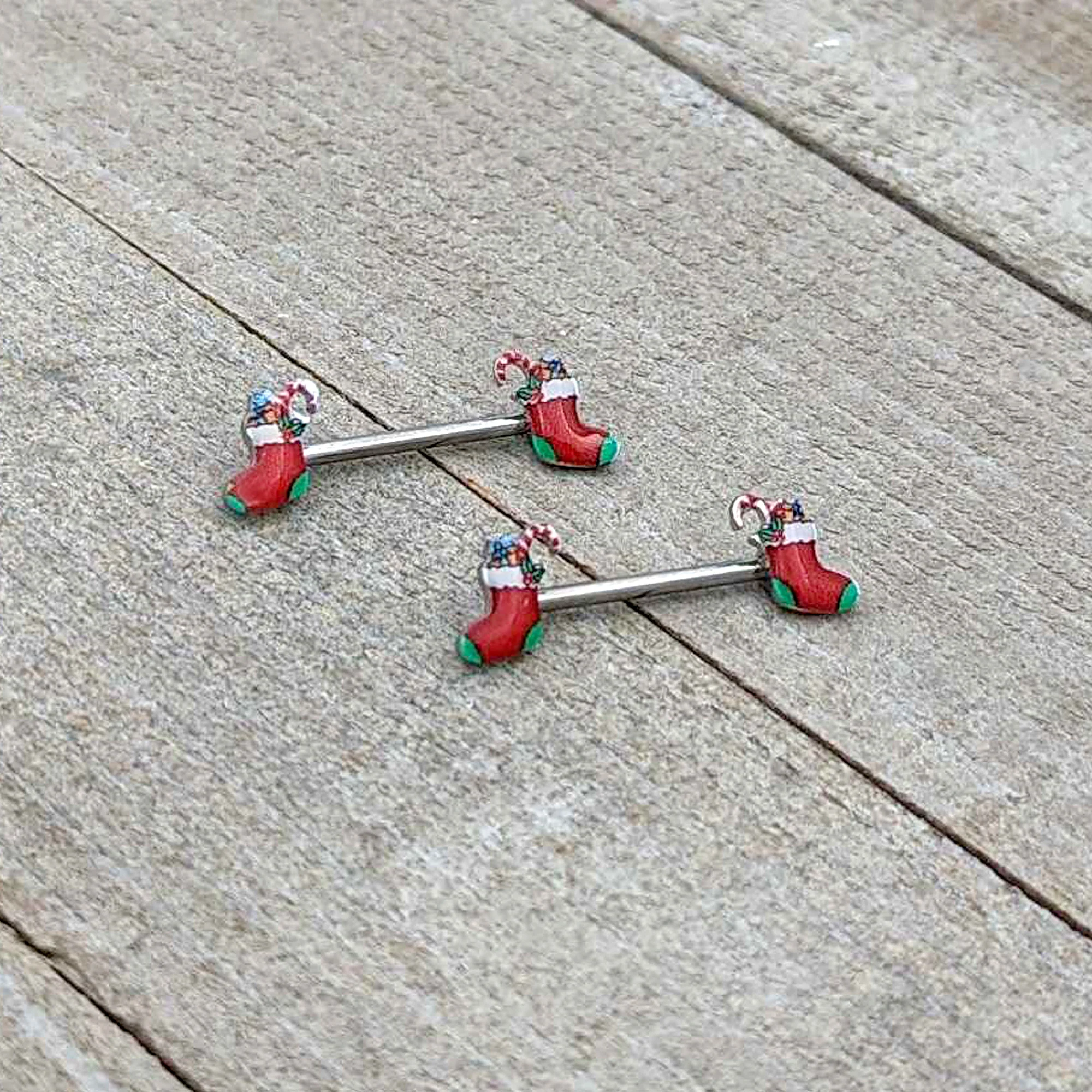 14G 9/16 Cheery Christmas Stocking Red Barbell Nipple Ring Set - Image 6