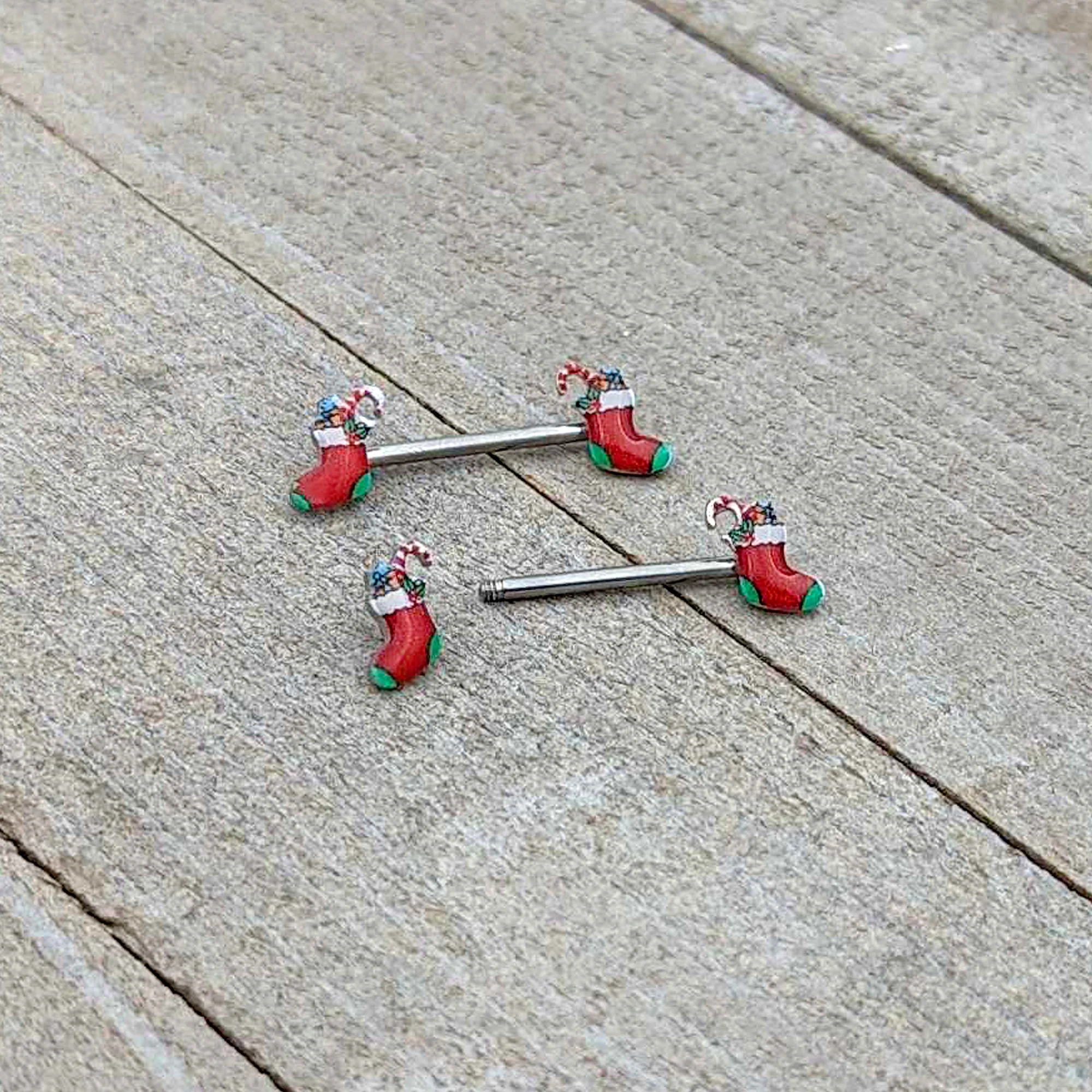 14G 9/16 Cheery Christmas Stocking Red Barbell Nipple Ring Set - Image 7