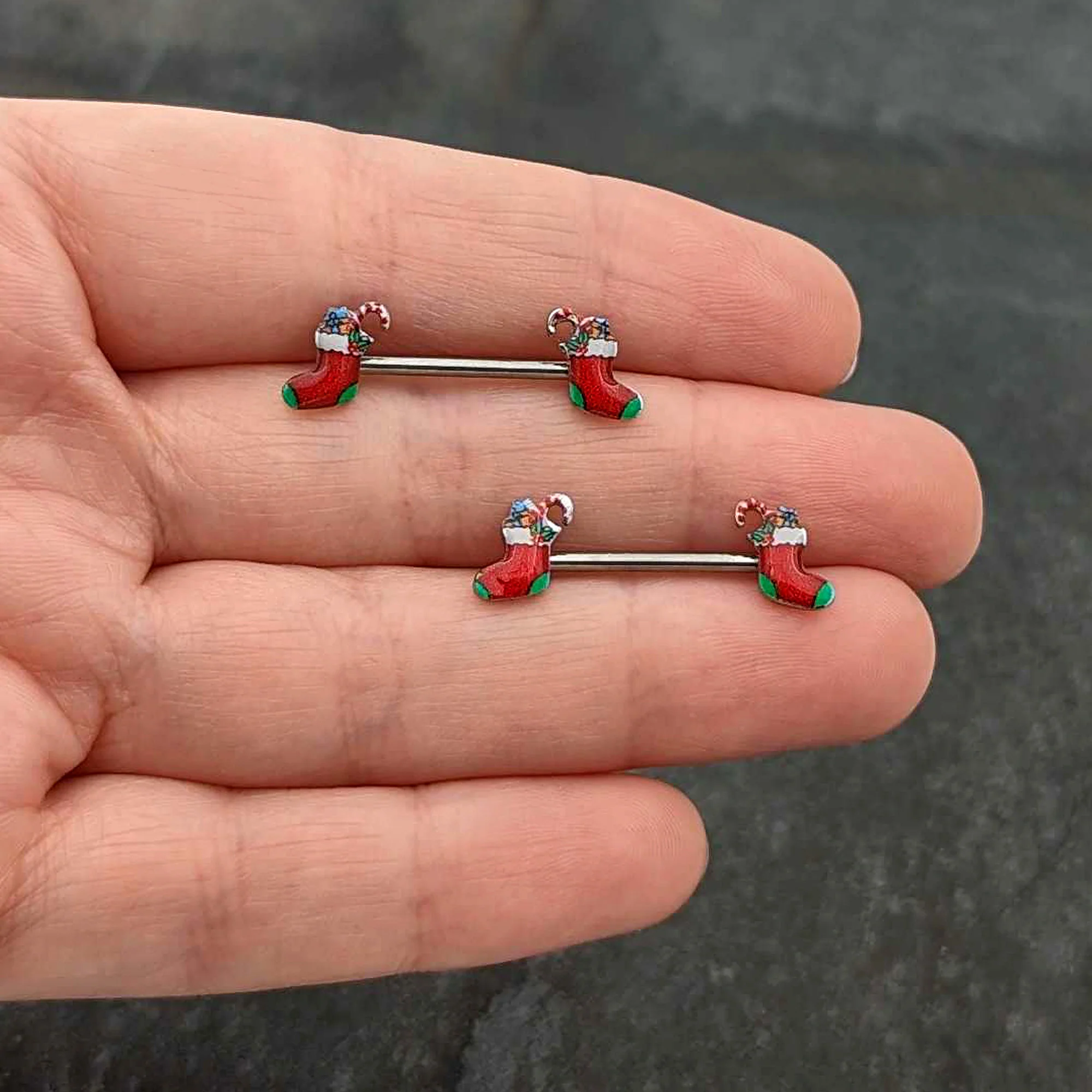 14G 9/16 Cheery Christmas Stocking Red Barbell Nipple Ring Set - Image 8