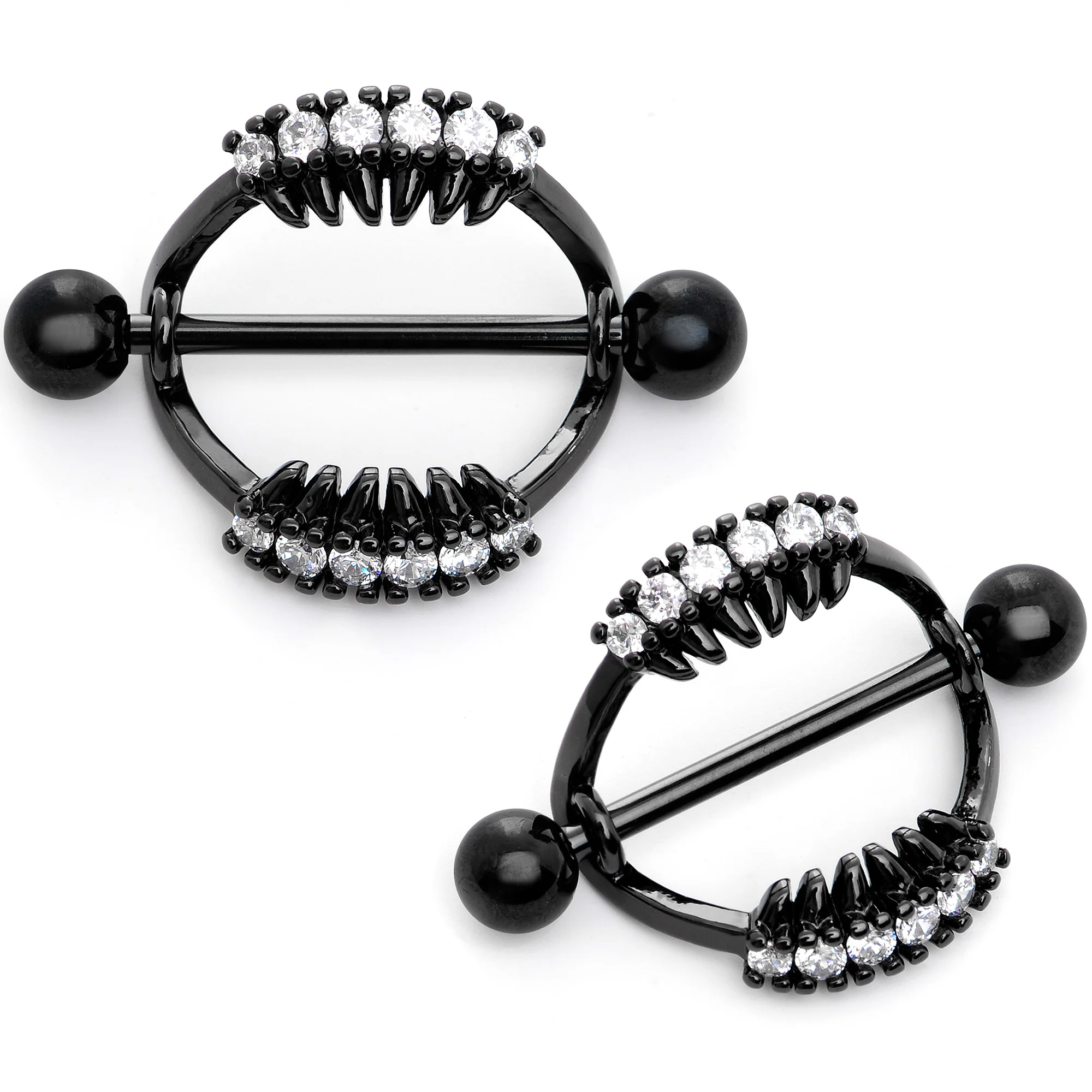 14G 9/16 Clear CZ Gem Black Scary Fang Halloween Nipple Shield Set