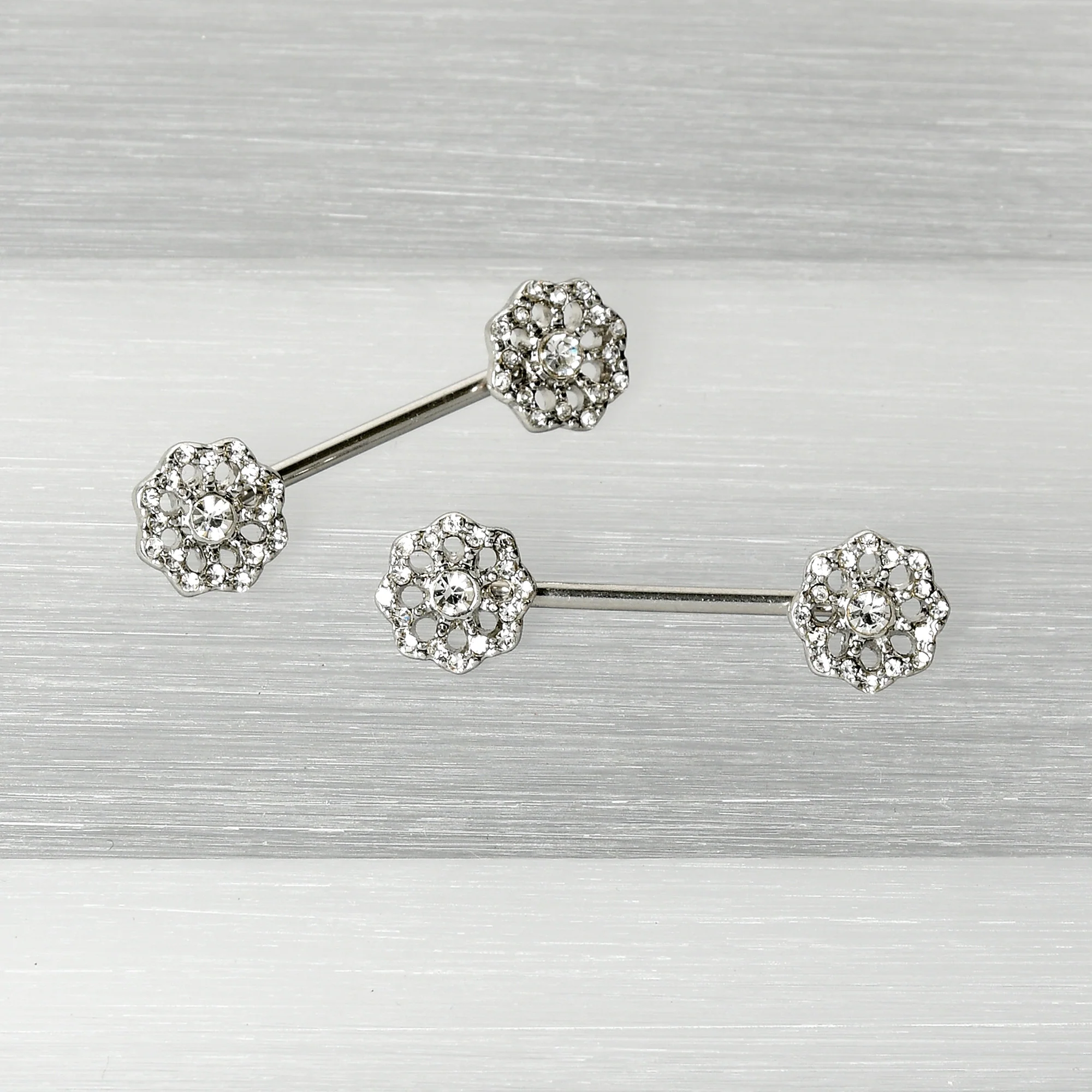 14G 9/16 Clear Gem Epic Fabulous Flower Barbell Nipple Ring Set - Image 5