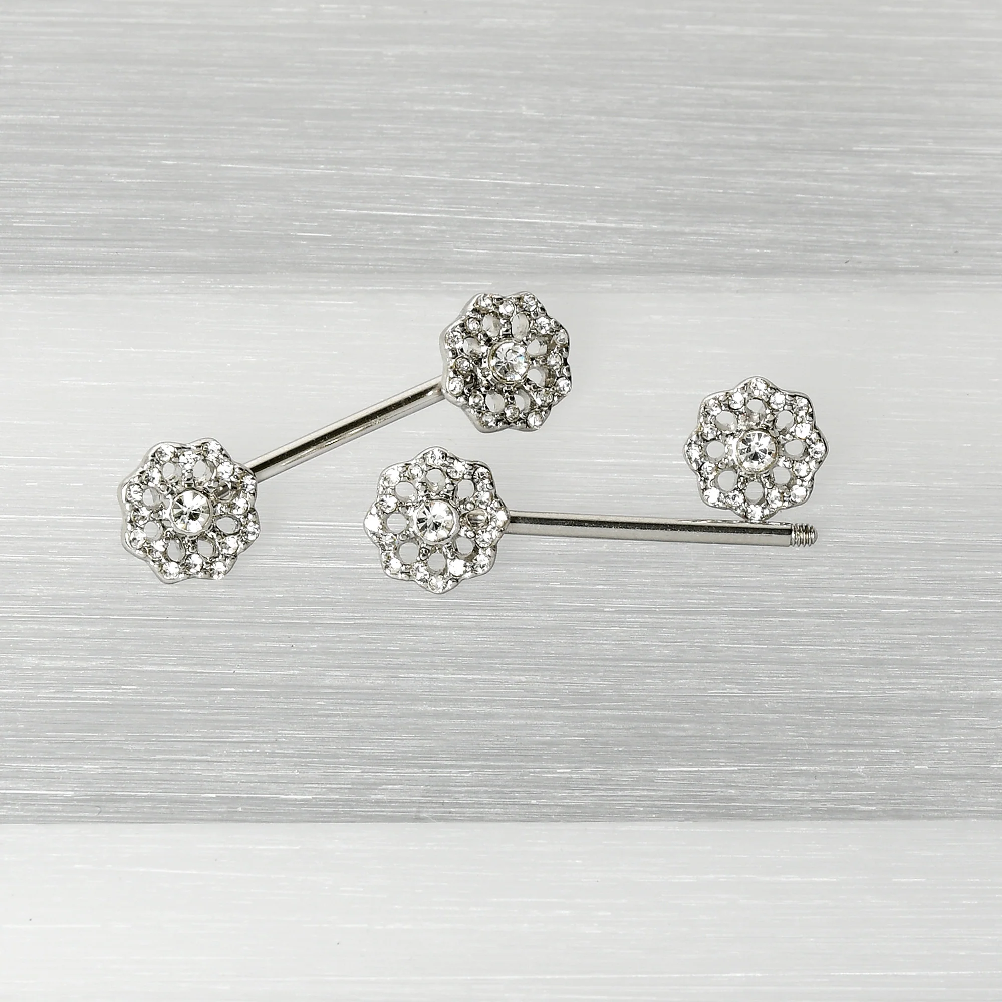 14G 9/16 Clear Gem Epic Fabulous Flower Barbell Nipple Ring Set - Image 6