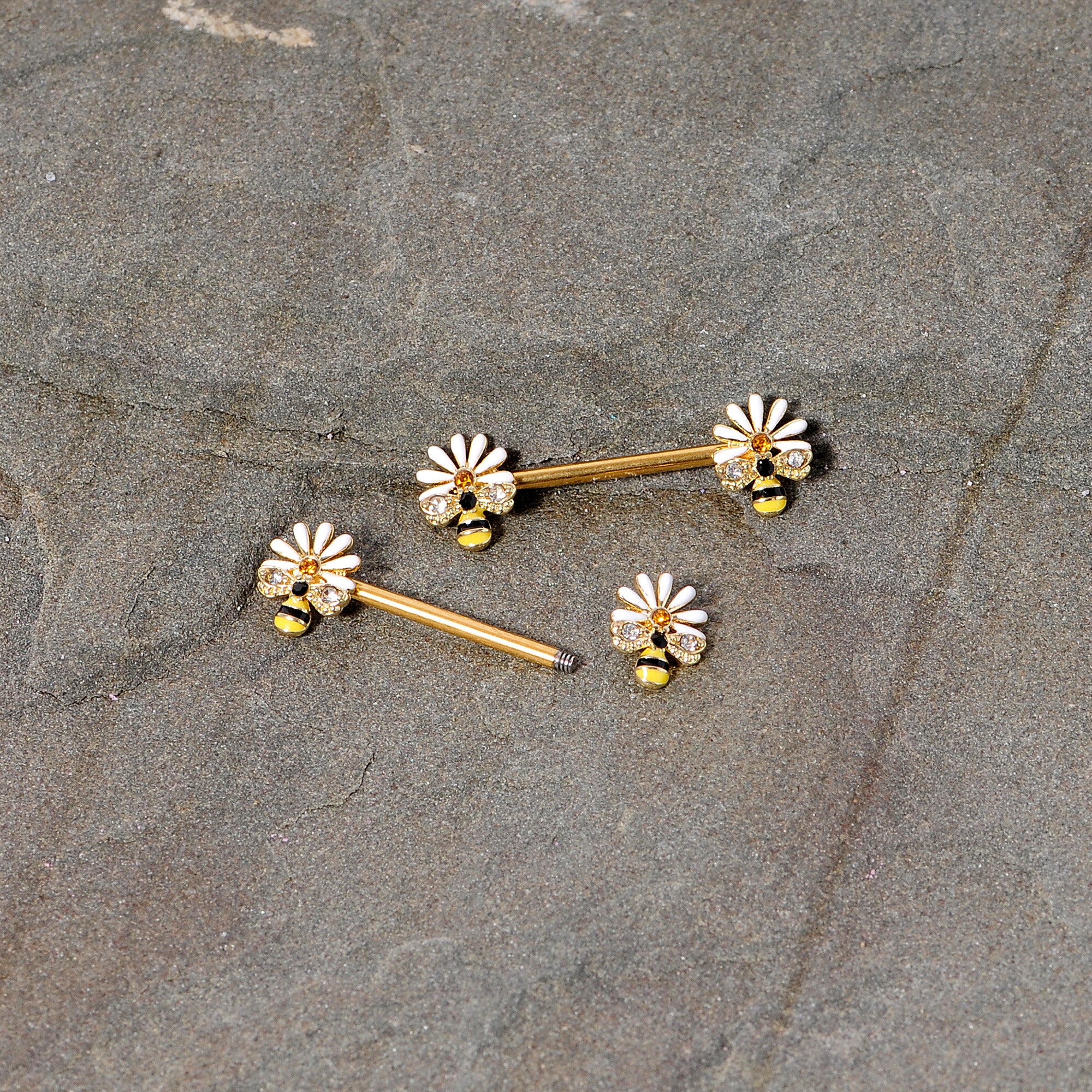 14G 9/16 Clear Gem Gold Tone Flower Bee Barbell Nipple Ring Set - Image 4