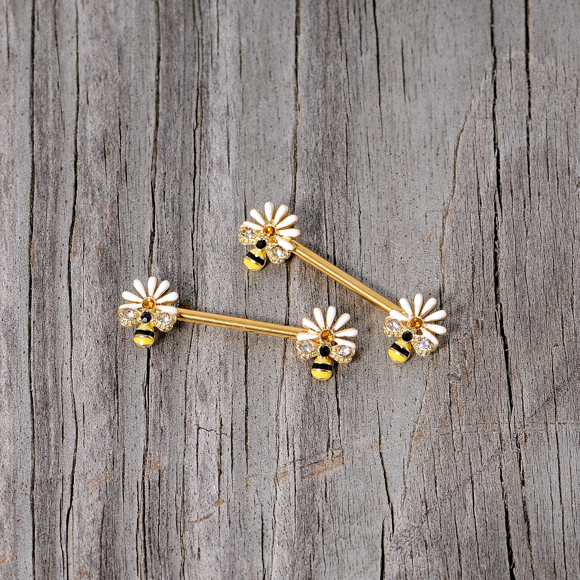 14G 9/16 Clear Gem Gold Tone Flower Bee Barbell Nipple Ring Set - Image 5