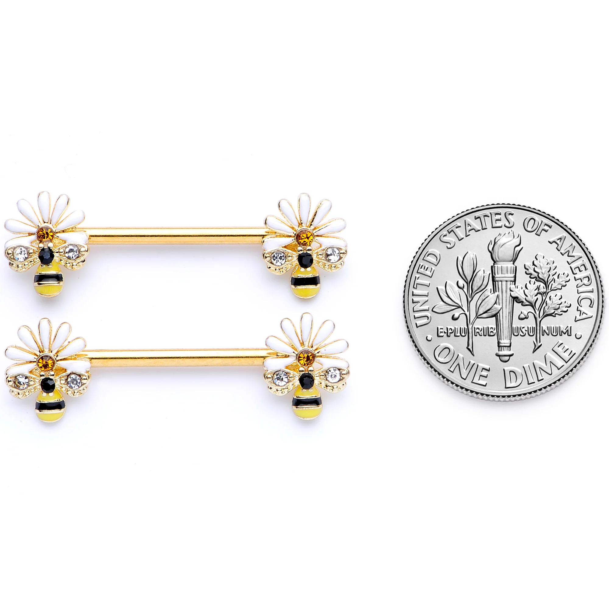 14G 9/16 Clear Gem Gold Tone Flower Bee Barbell Nipple Ring Set - Image 6
