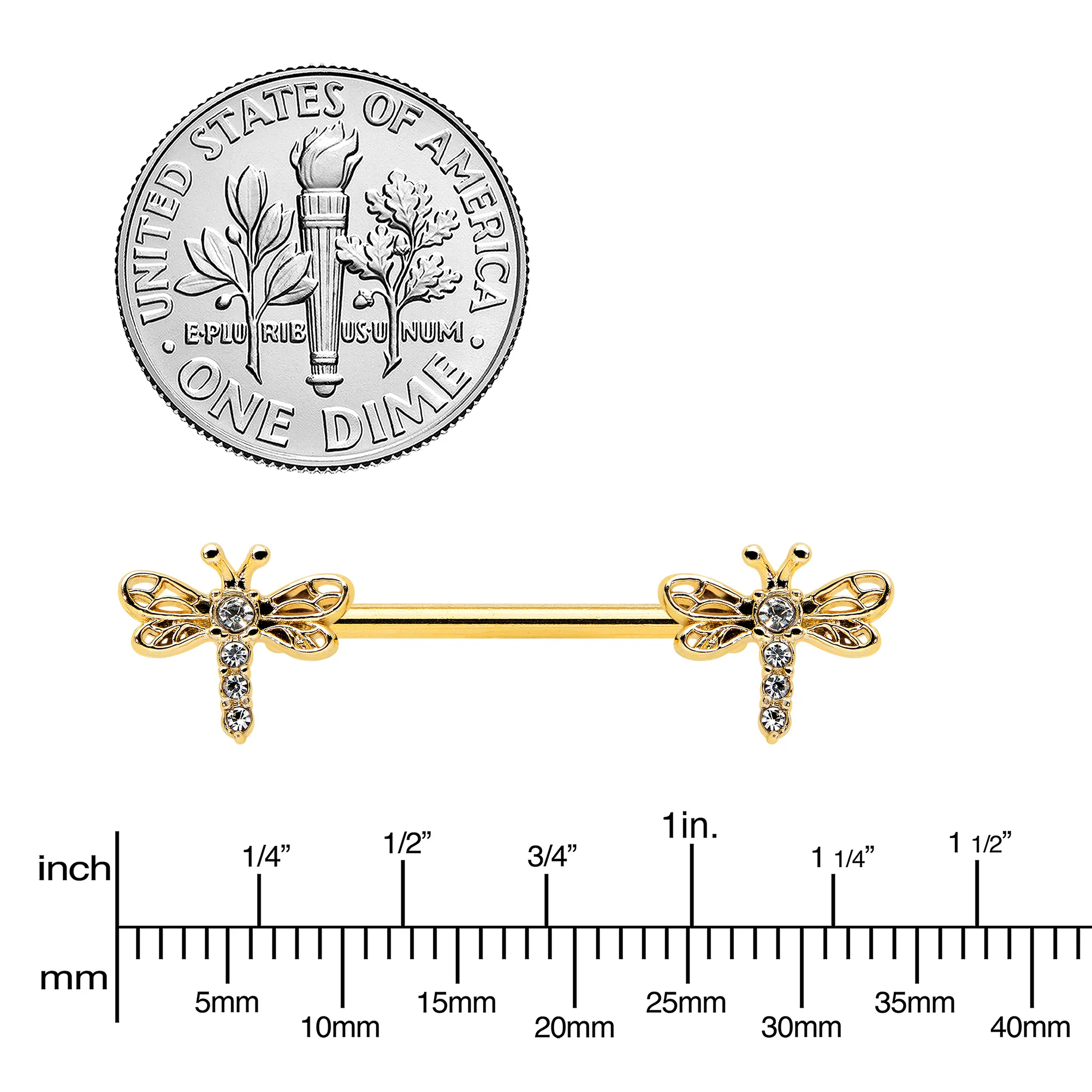 14G 9/16 Clear Gem Gold Tone Flying Dragonfly Nipple Ring Set - Image 3