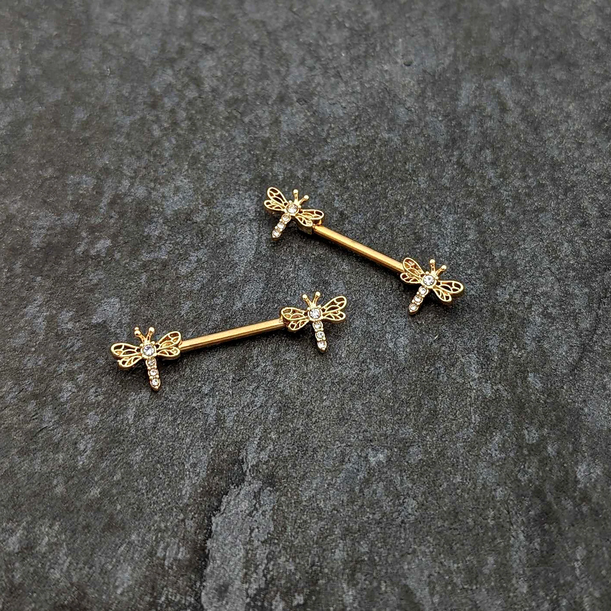 14G 9/16 Clear Gem Gold Tone Flying Dragonfly Nipple Ring Set - Image 4