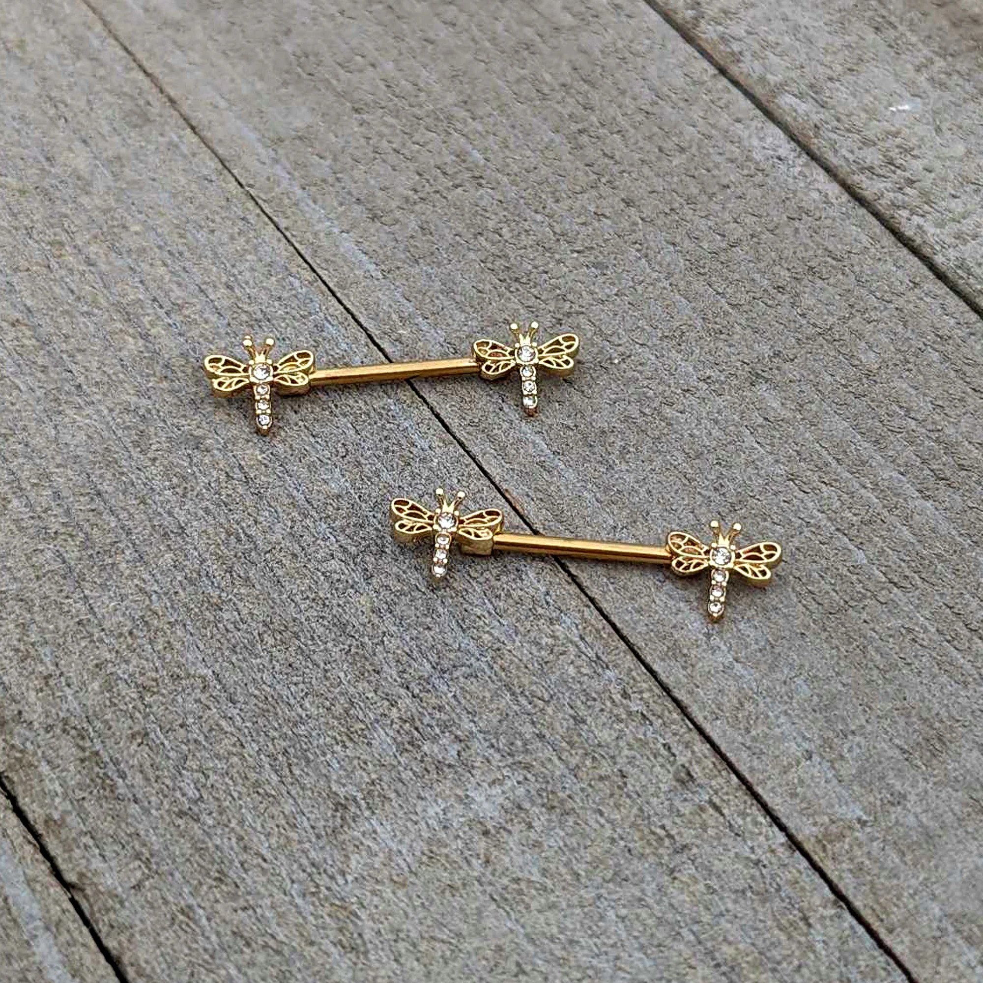 14G 9/16 Clear Gem Gold Tone Flying Dragonfly Nipple Ring Set - Image 5