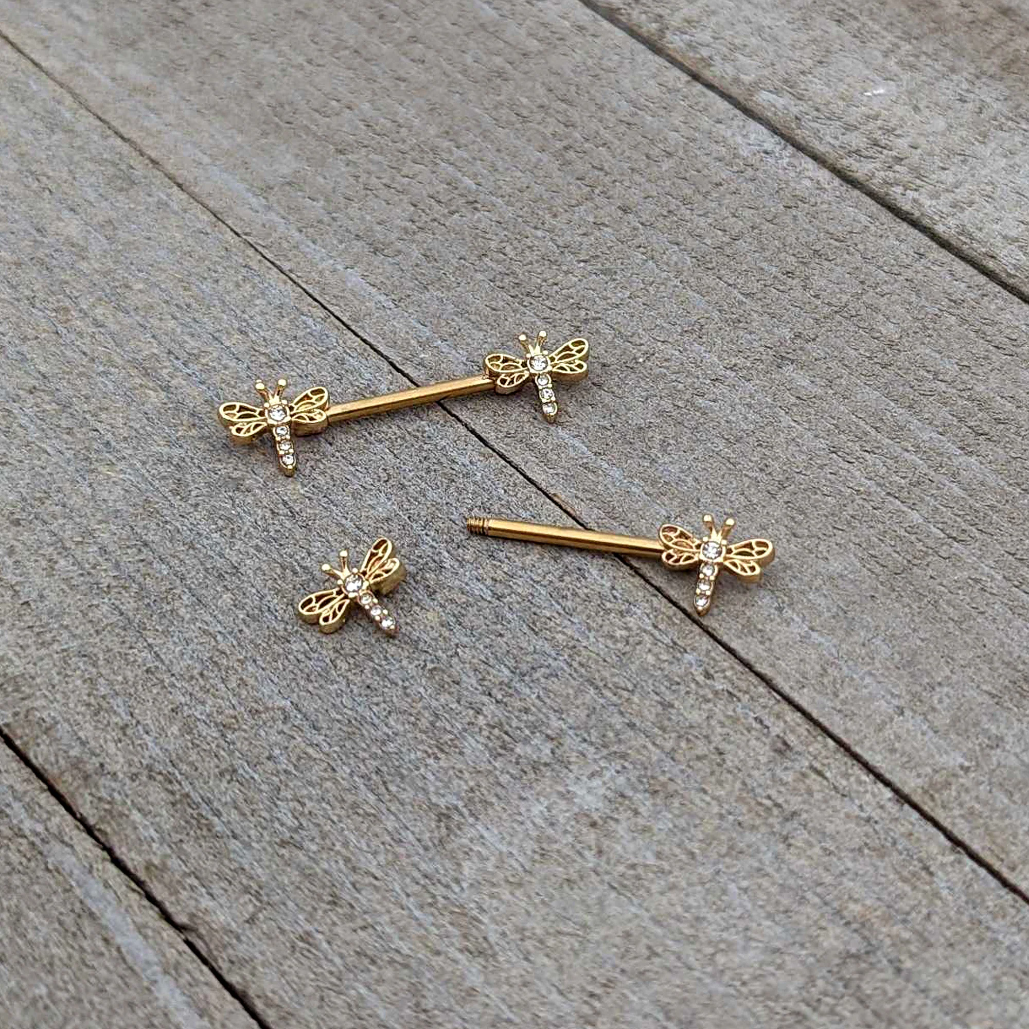 14G 9/16 Clear Gem Gold Tone Flying Dragonfly Nipple Ring Set - Image 6