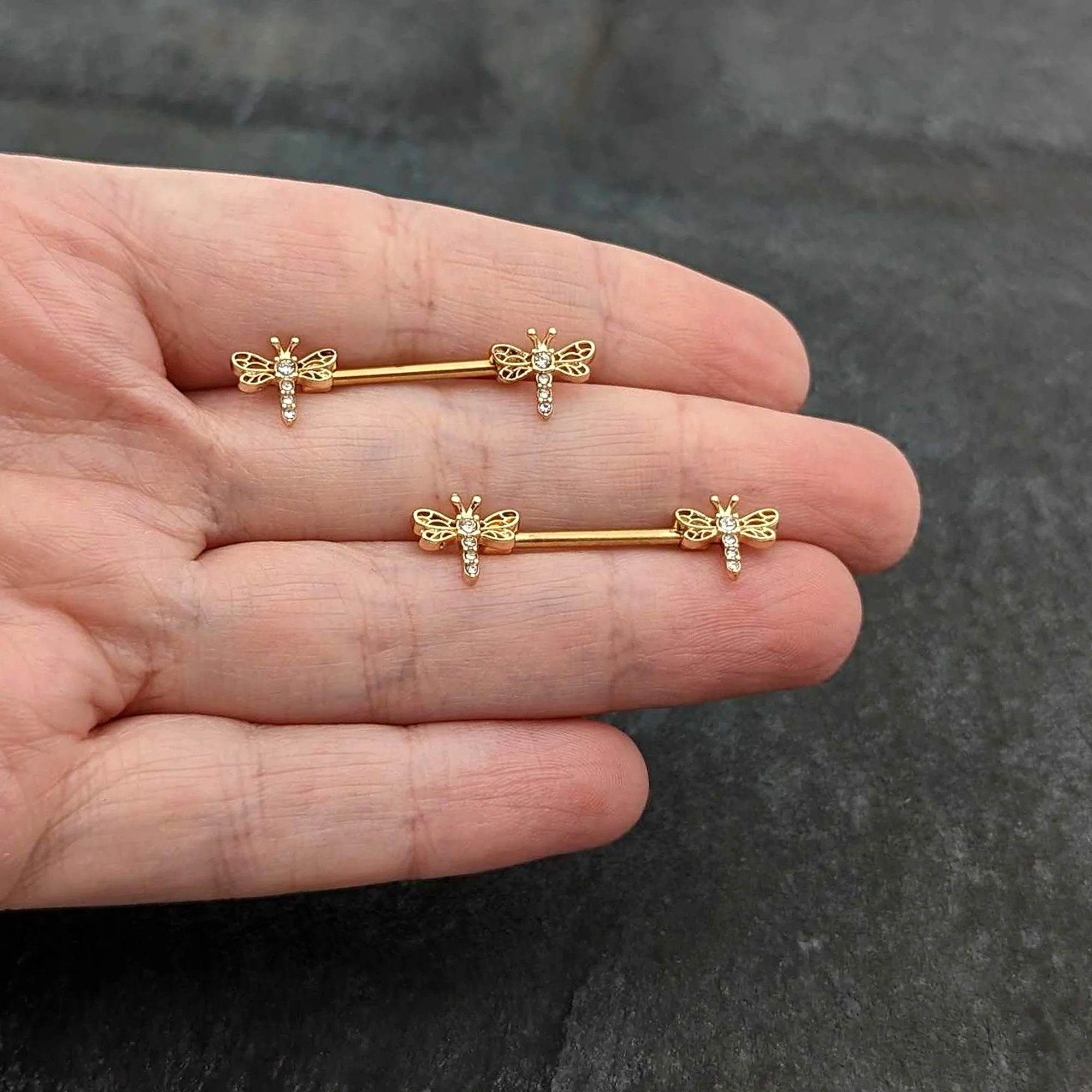 14G 9/16 Clear Gem Gold Tone Flying Dragonfly Nipple Ring Set - Image 7