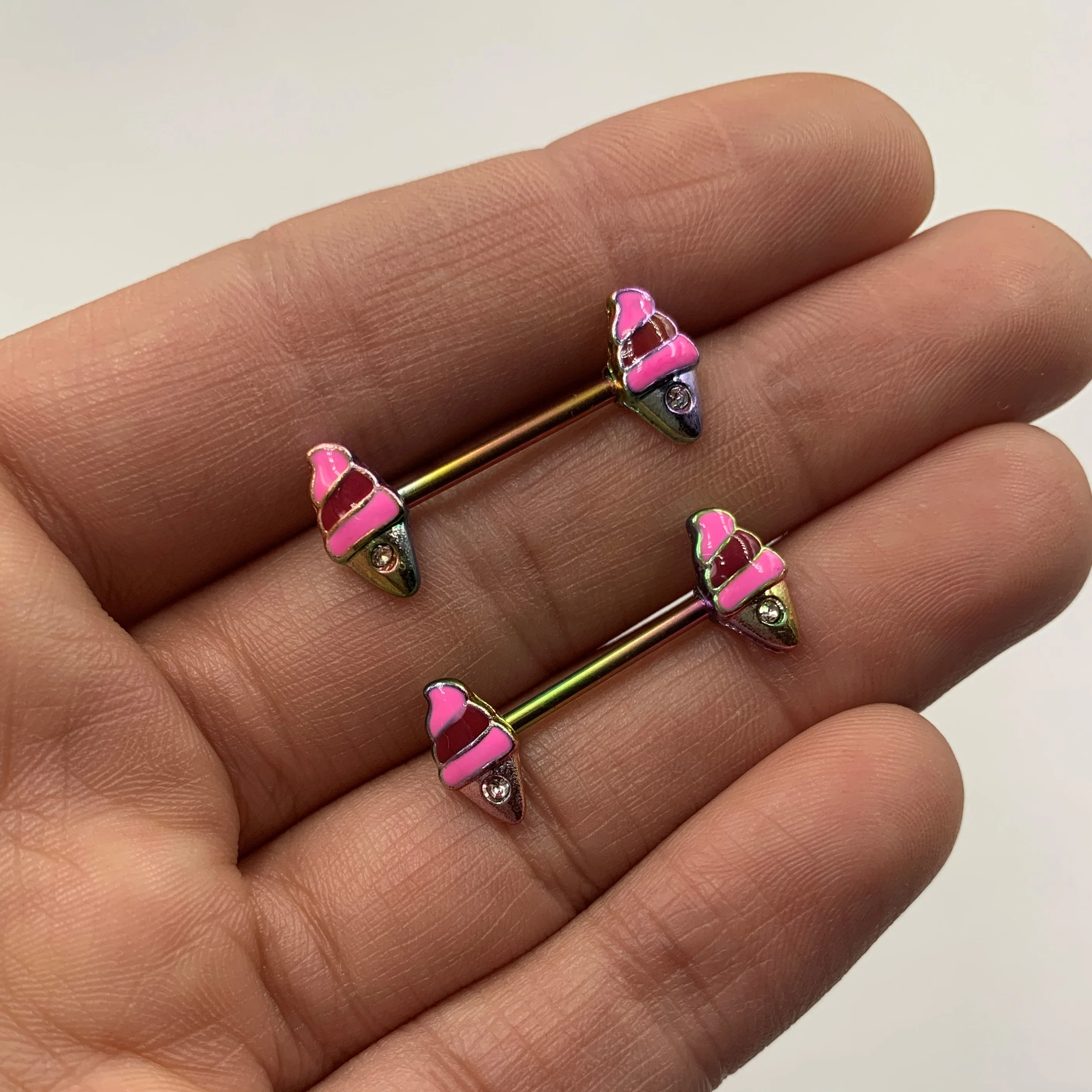 14G 9/16 Clear Gem Rainbow Ice Cream Cone Barbell Nipple Ring Set - Image 2