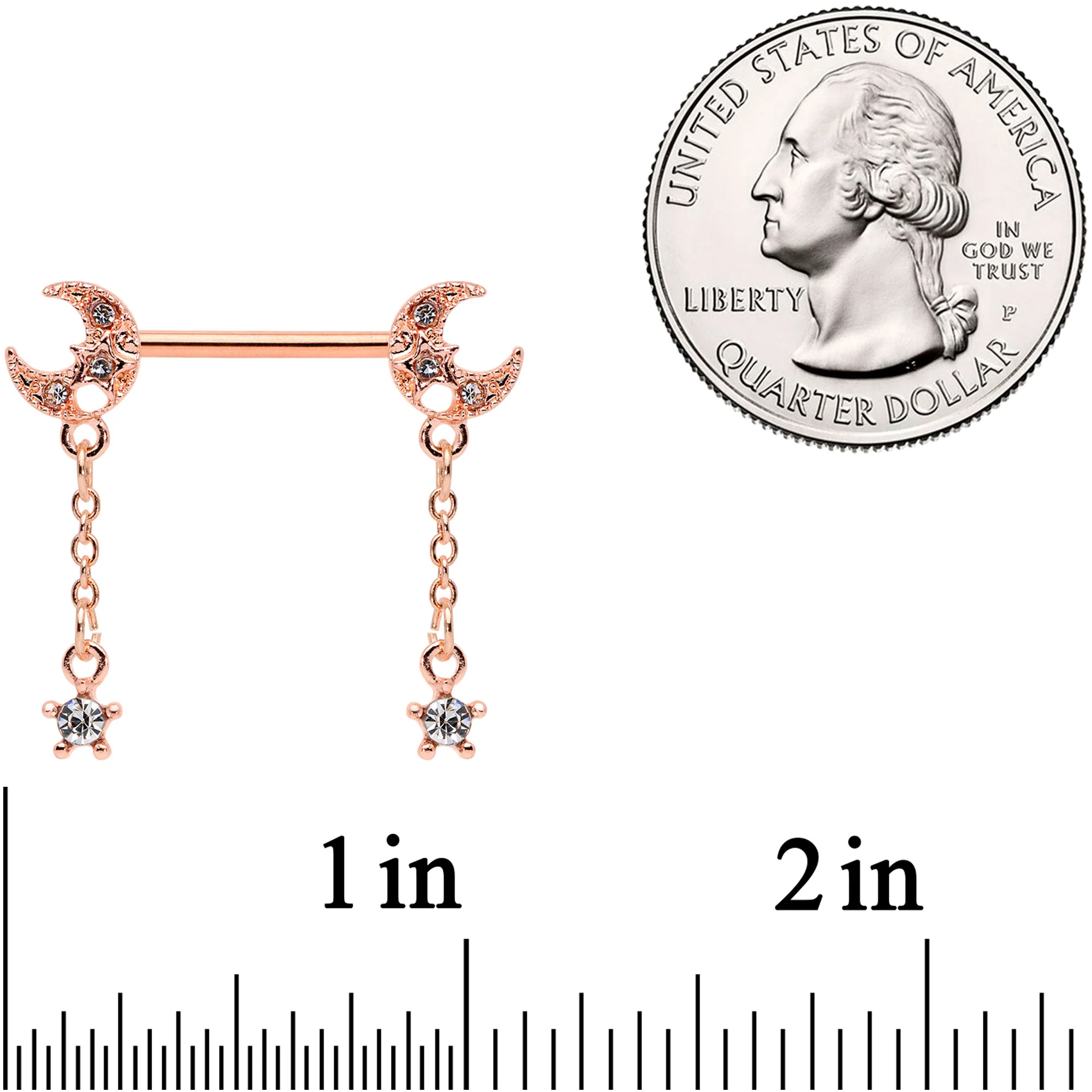 14G 9/16 Clear Gem Rose Gold Tone Moon Barbell Nipple Ring Set - Image 2