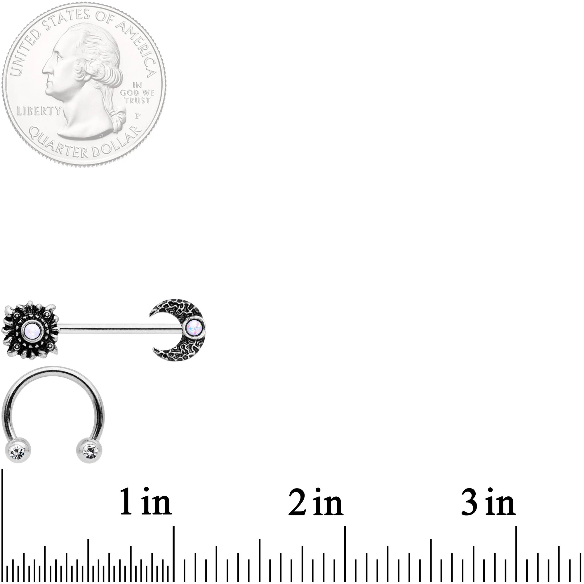 14G 9/16 Clear Gem Sun Moon Horseshoe Barbell Nipple Ring Set - Image 4
