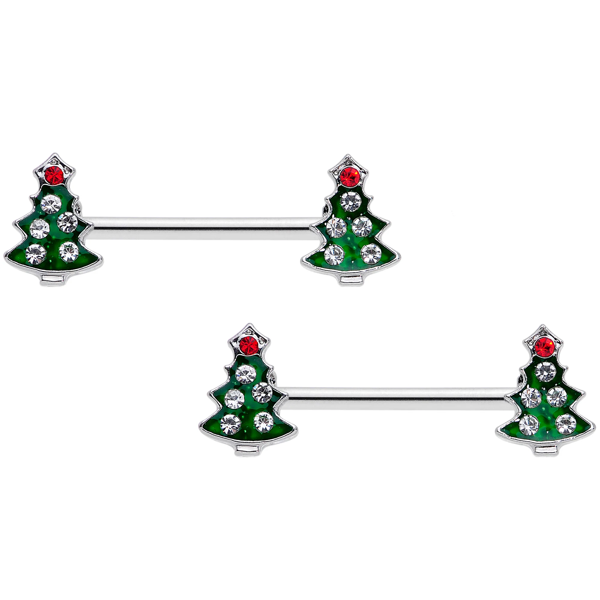 14G 9/16 Clear Red Gem Christmas Tree Barbell Nipple Ring Set