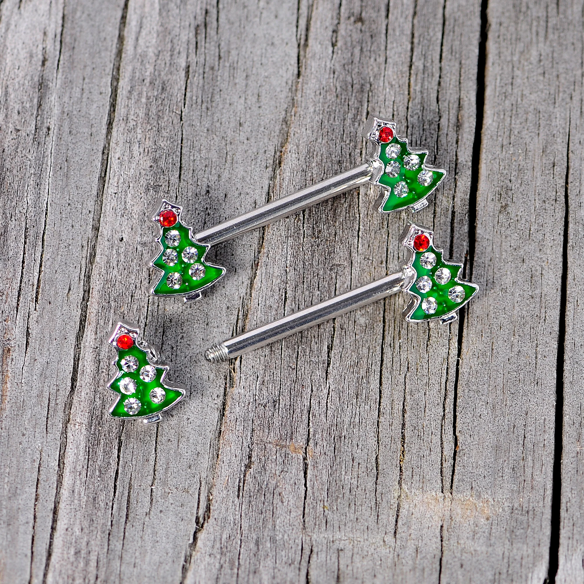 14G 9/16 Clear Red Gem Christmas Tree Barbell Nipple Ring Set - Image 6