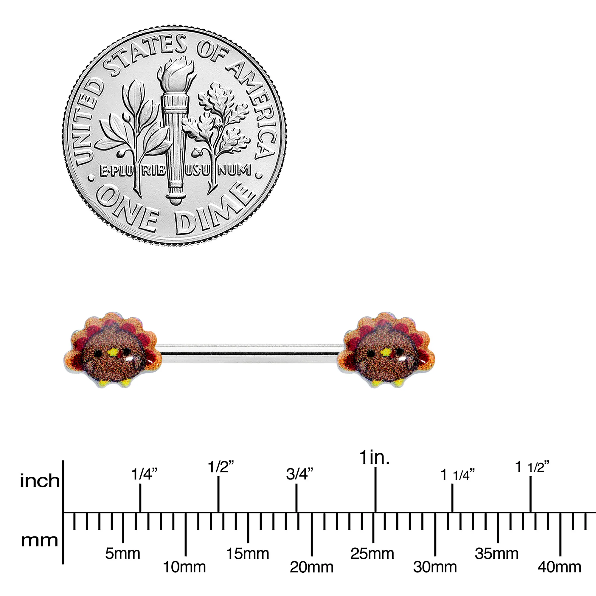 14G 9/16 Cute Colorful Turkeys Barbell Nipple Ring Set - Image 3