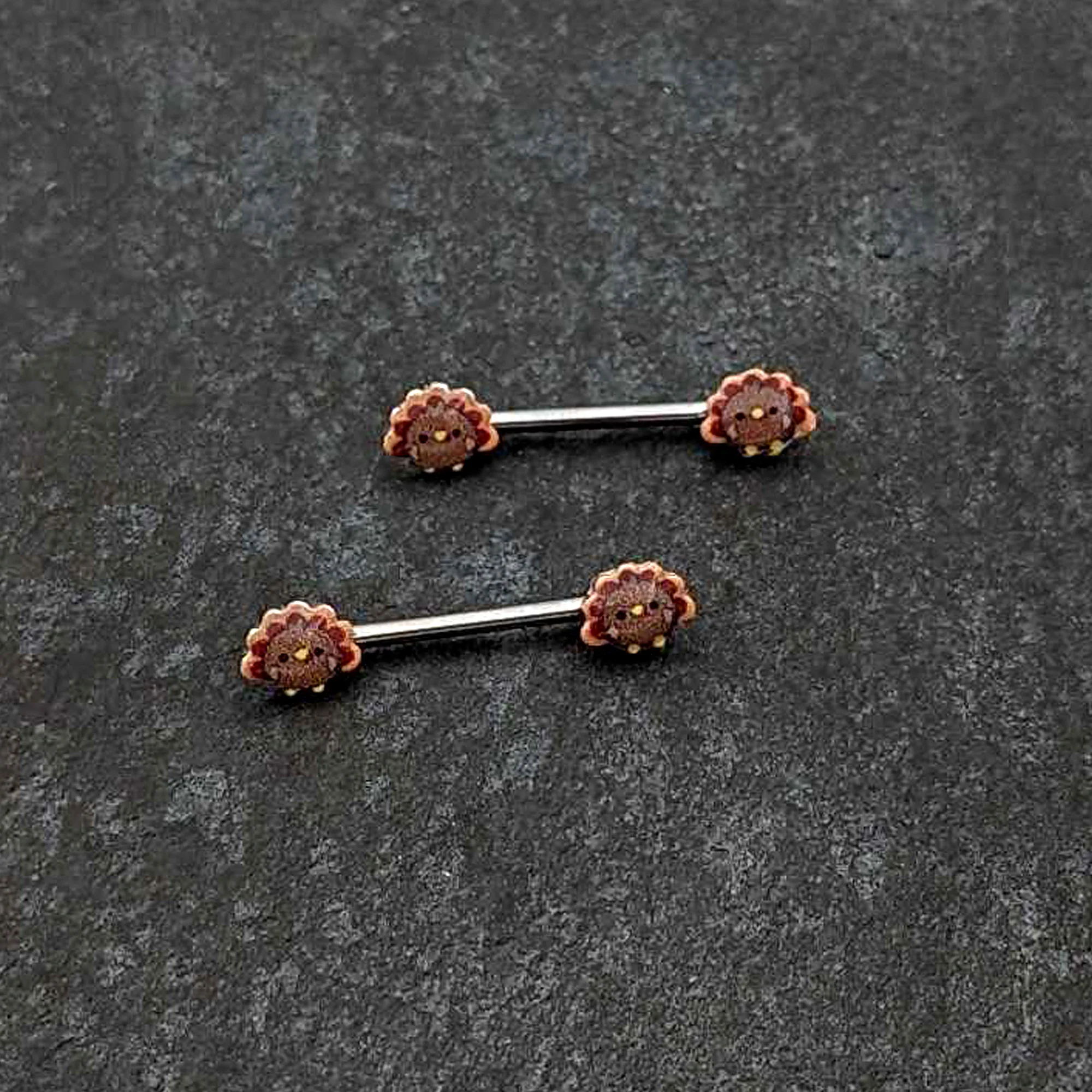 14G 9/16 Cute Colorful Turkeys Barbell Nipple Ring Set - Image 4