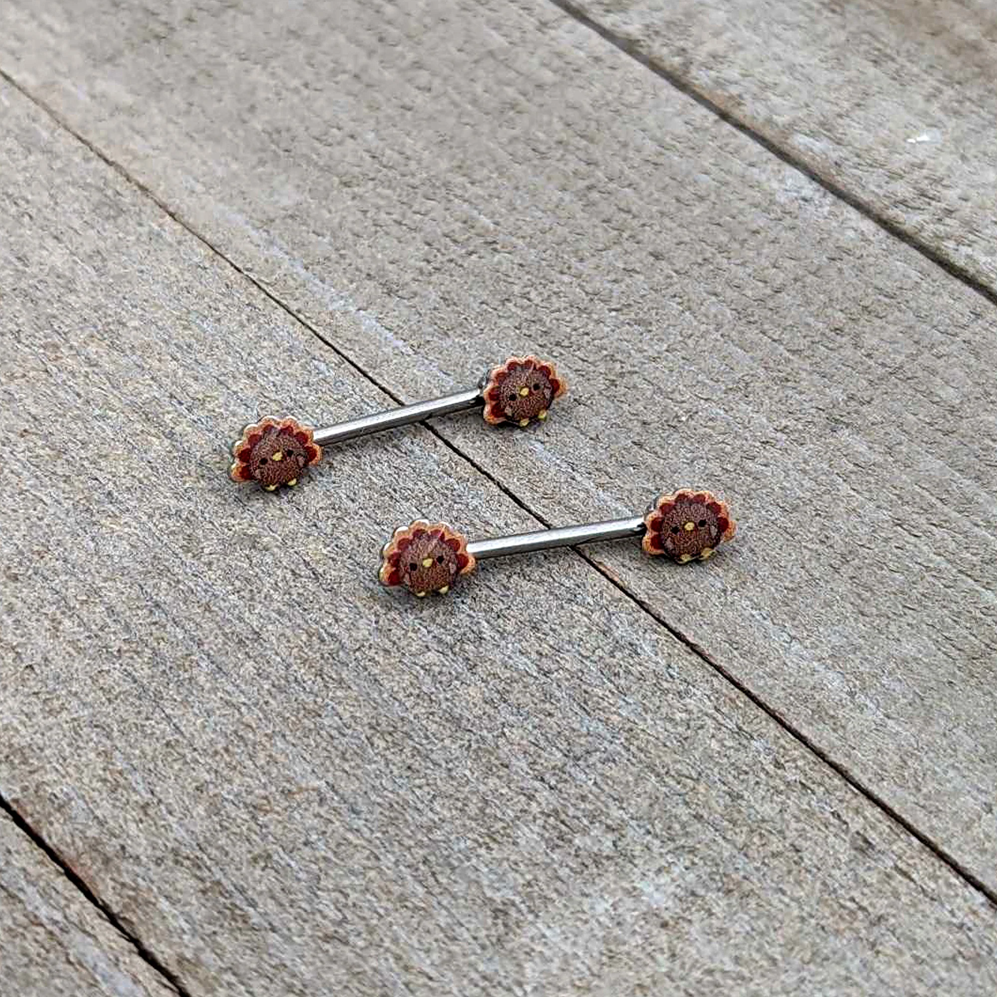 14G 9/16 Cute Colorful Turkeys Barbell Nipple Ring Set - Image 6