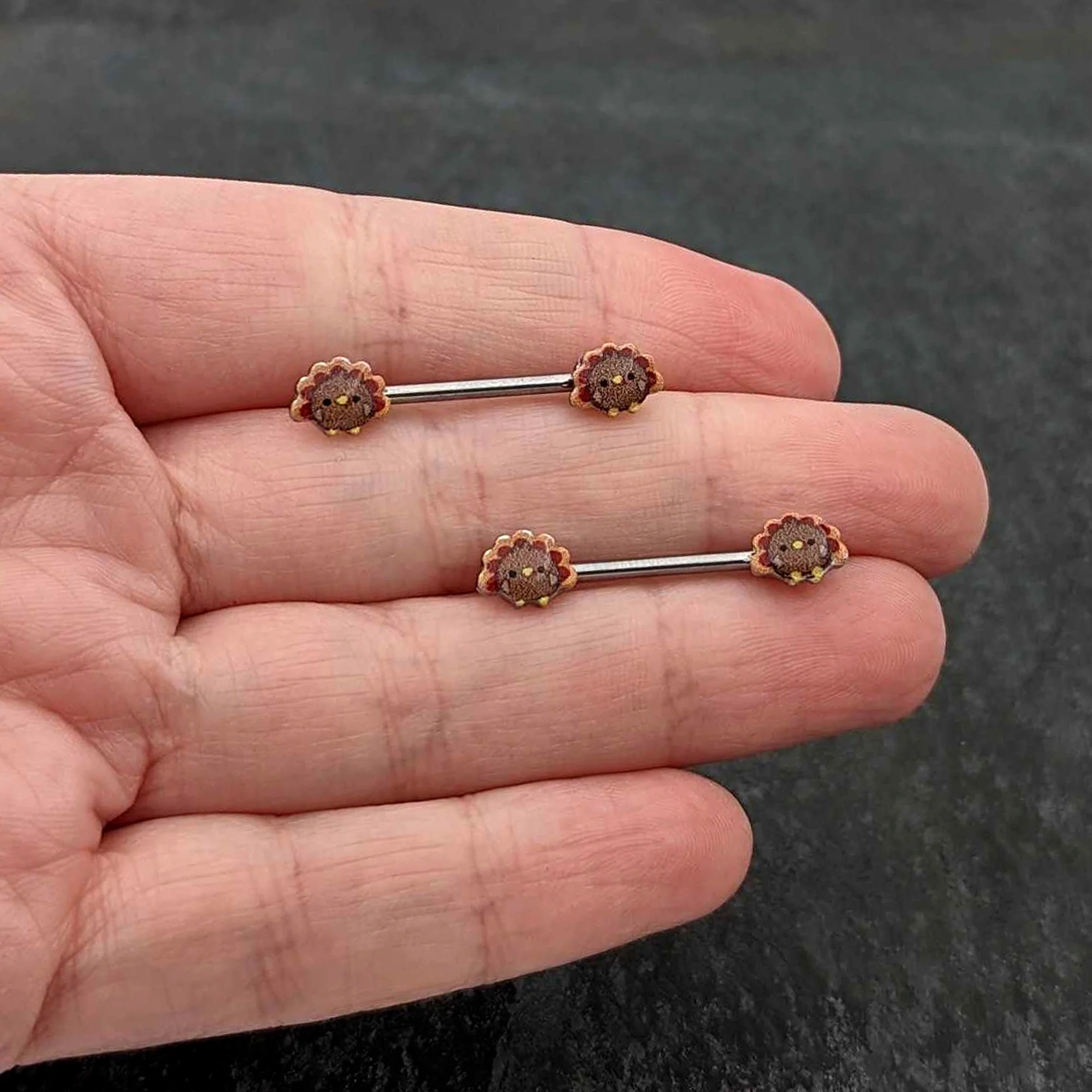 14G 9/16 Cute Colorful Turkeys Barbell Nipple Ring Set - Image 8