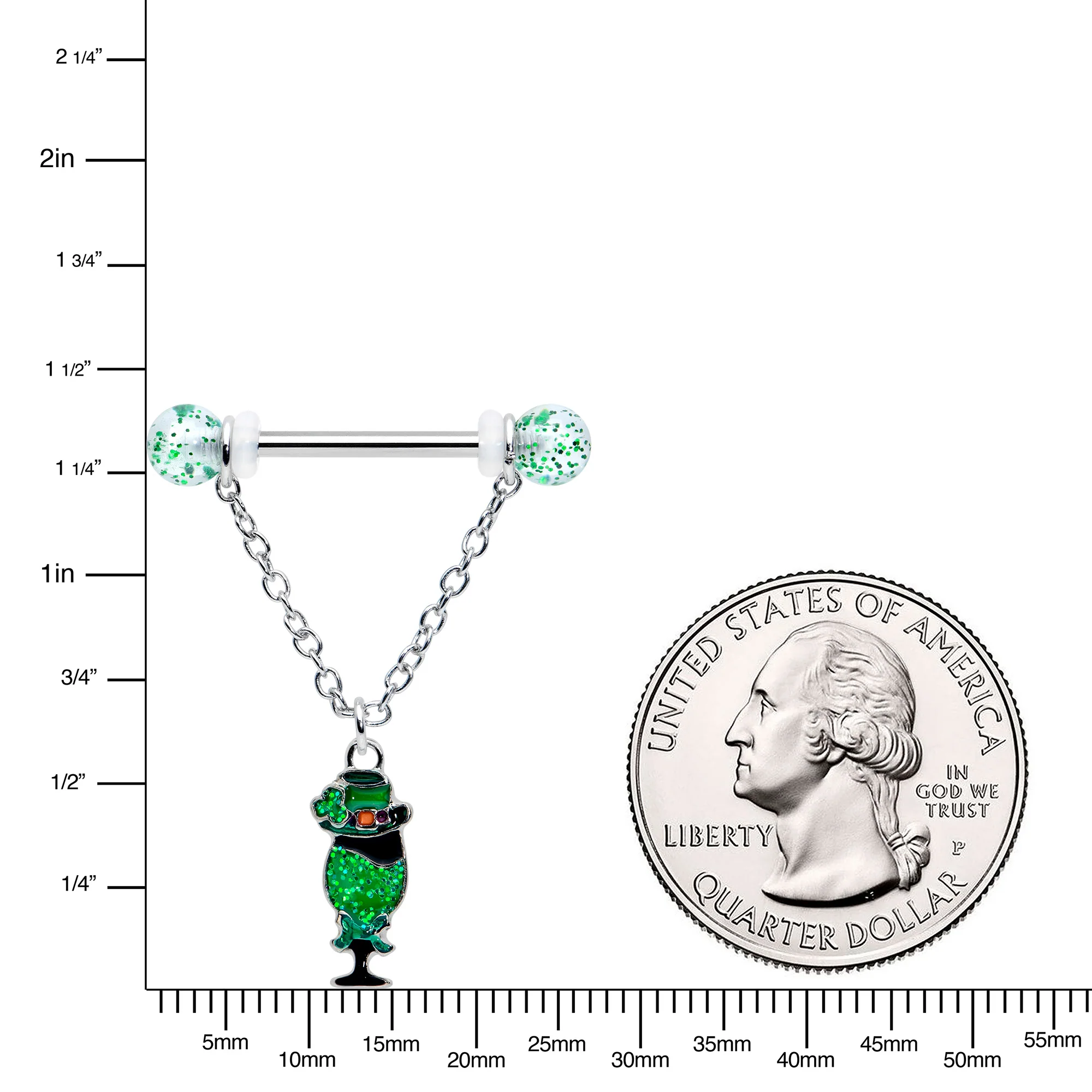 14G 9/16 Fancy Leprechaun St Patricks Chain Dangle Nipple Ring Set - Image 3