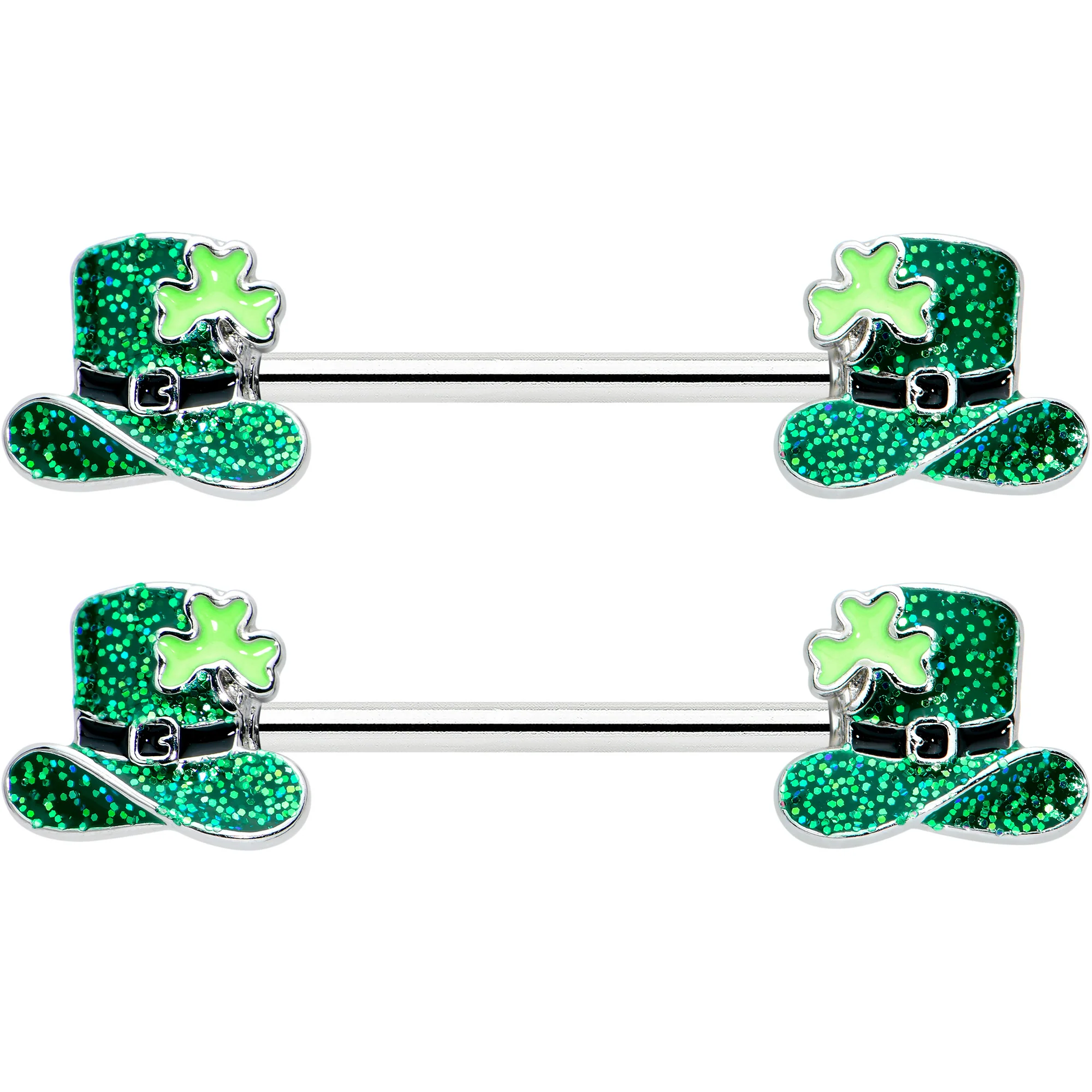 14G 9/16 Glitter Top Hat Shamrock Barbell Nipple Ring Set - Image 2