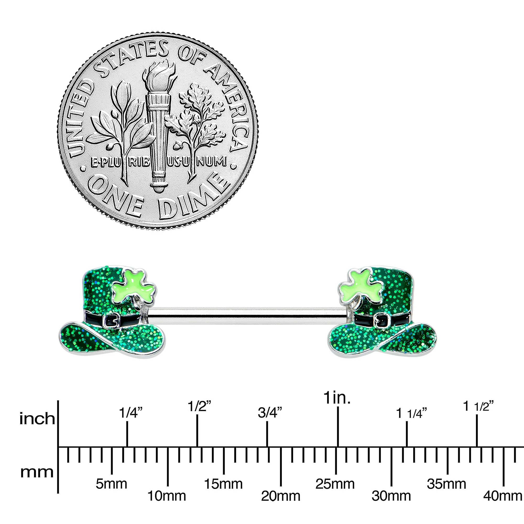 14G 9/16 Glitter Top Hat Shamrock Barbell Nipple Ring Set - Image 3
