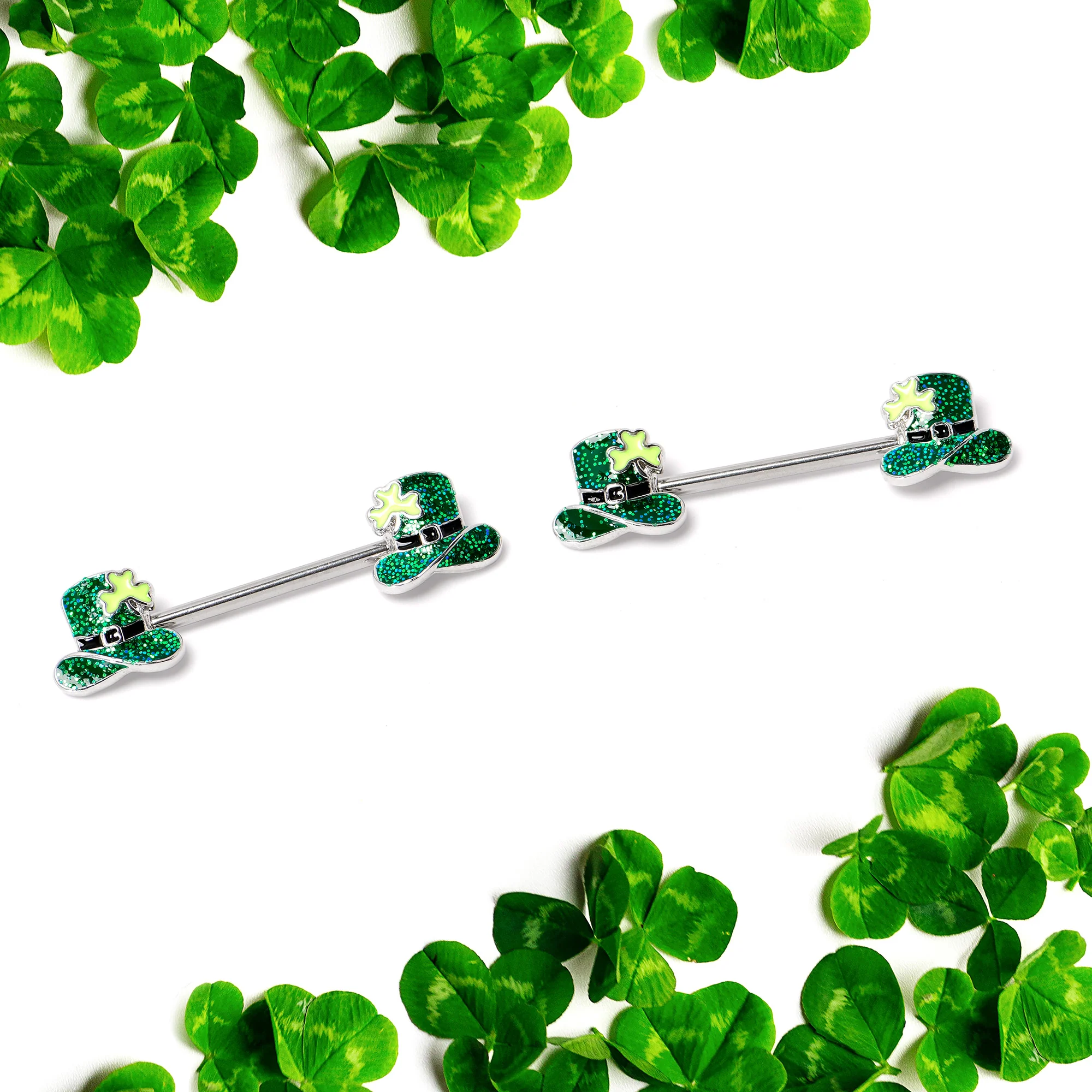 14G 9/16 Glitter Top Hat Shamrock Barbell Nipple Ring Set - Image 4