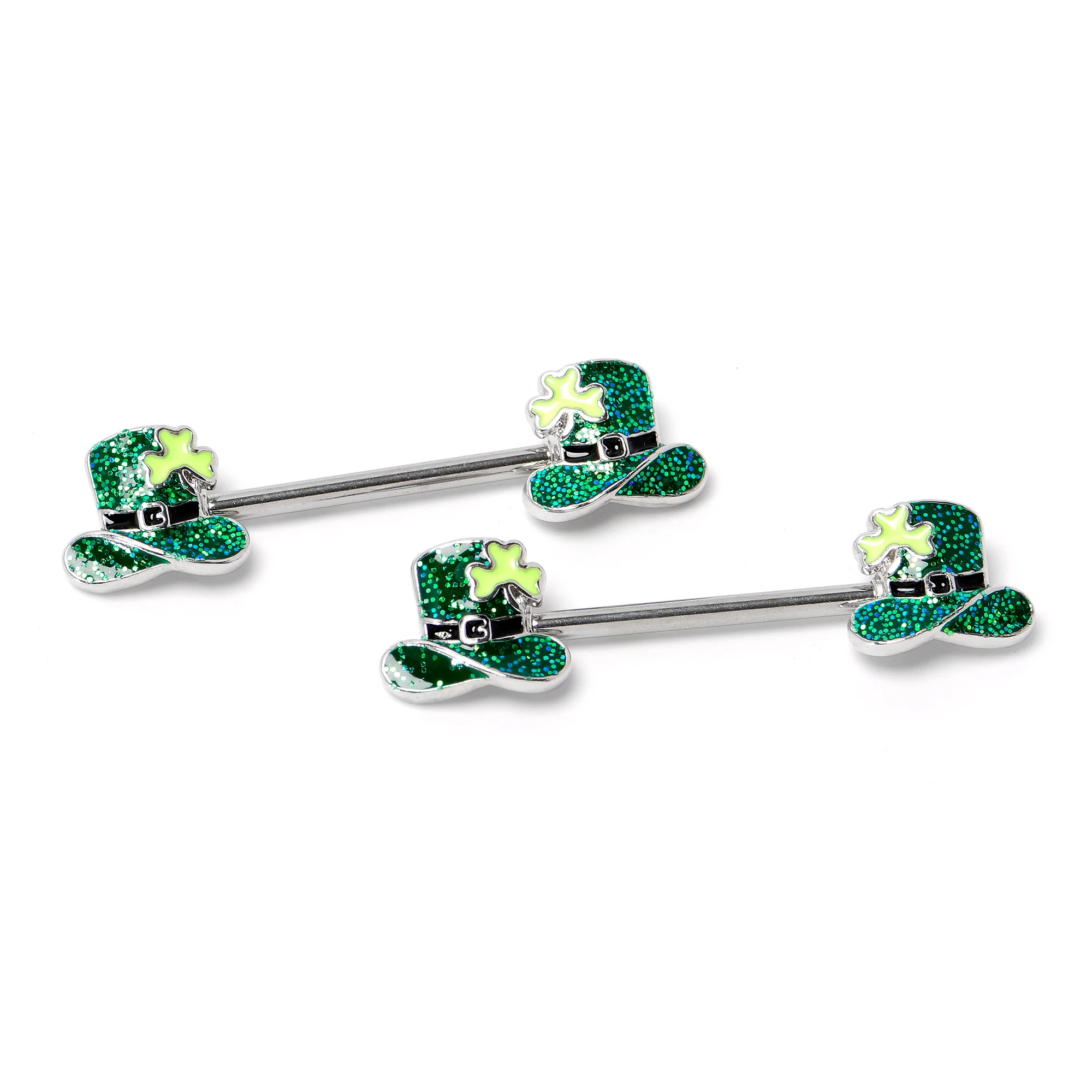 14G 9/16 Glitter Top Hat Shamrock Barbell Nipple Ring Set - Image 5