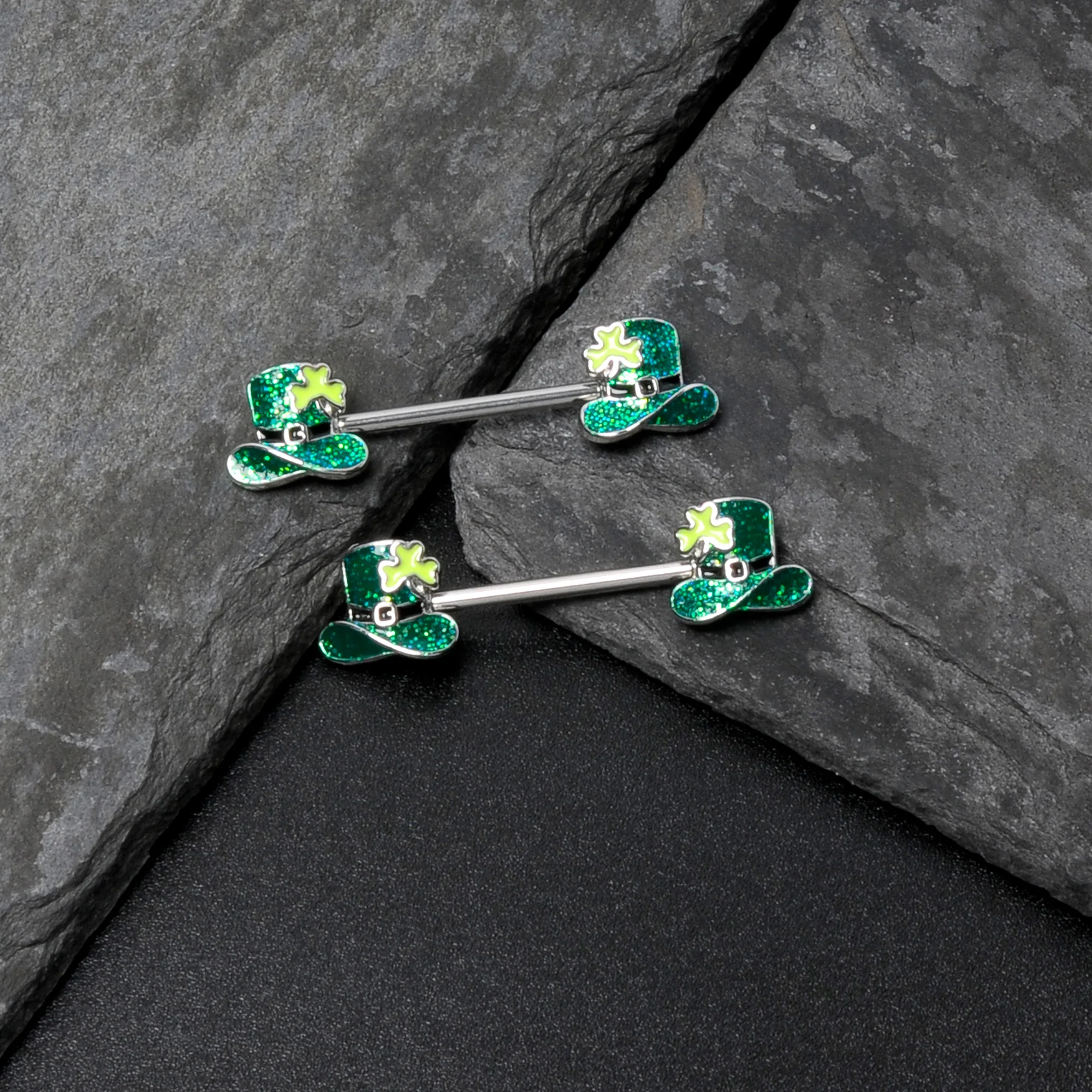 14G 9/16 Glitter Top Hat Shamrock Barbell Nipple Ring Set - Image 7