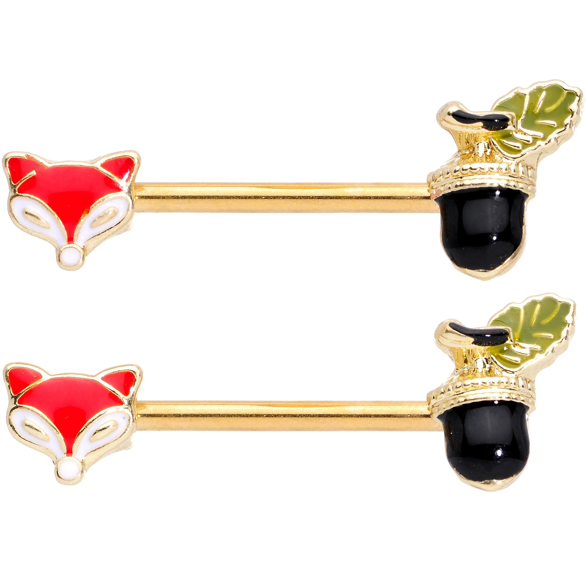 14G 9/16 Gold Tone Fox and Acorn Barbell Nipple Ring Set - Image 2