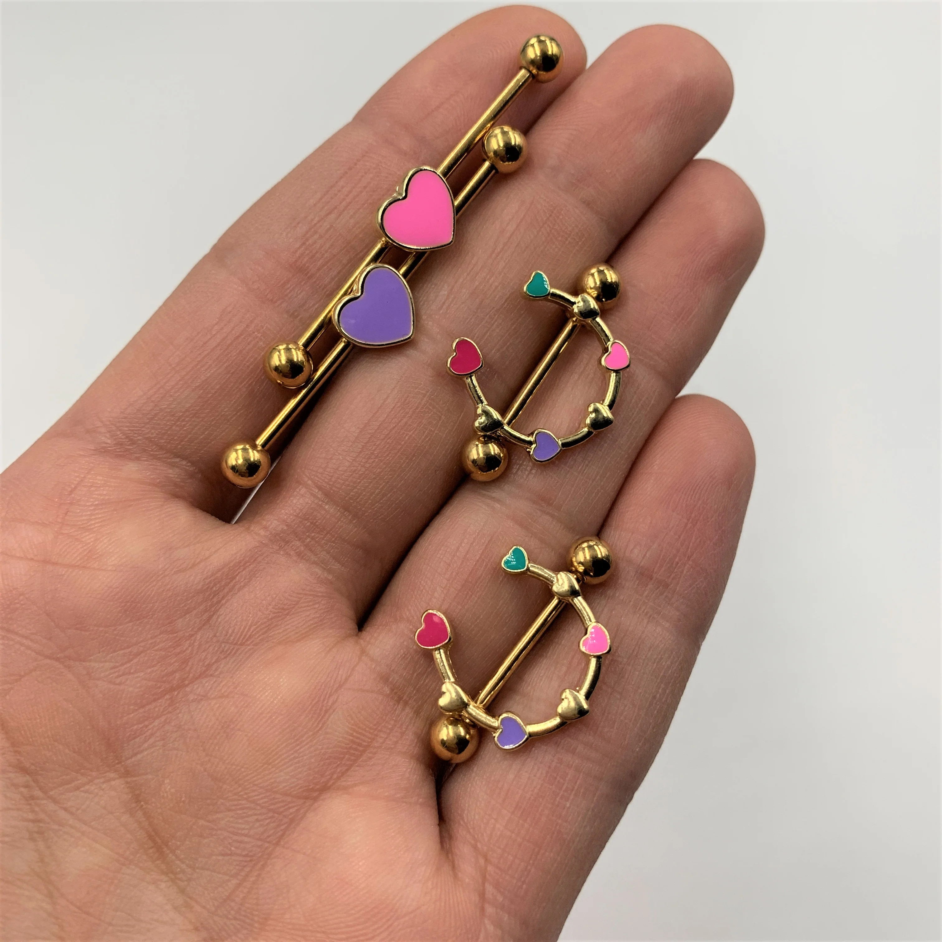 14G 9/16 Gold Tone Little Rainbow Hearts Nipple Shield Set - Image 2