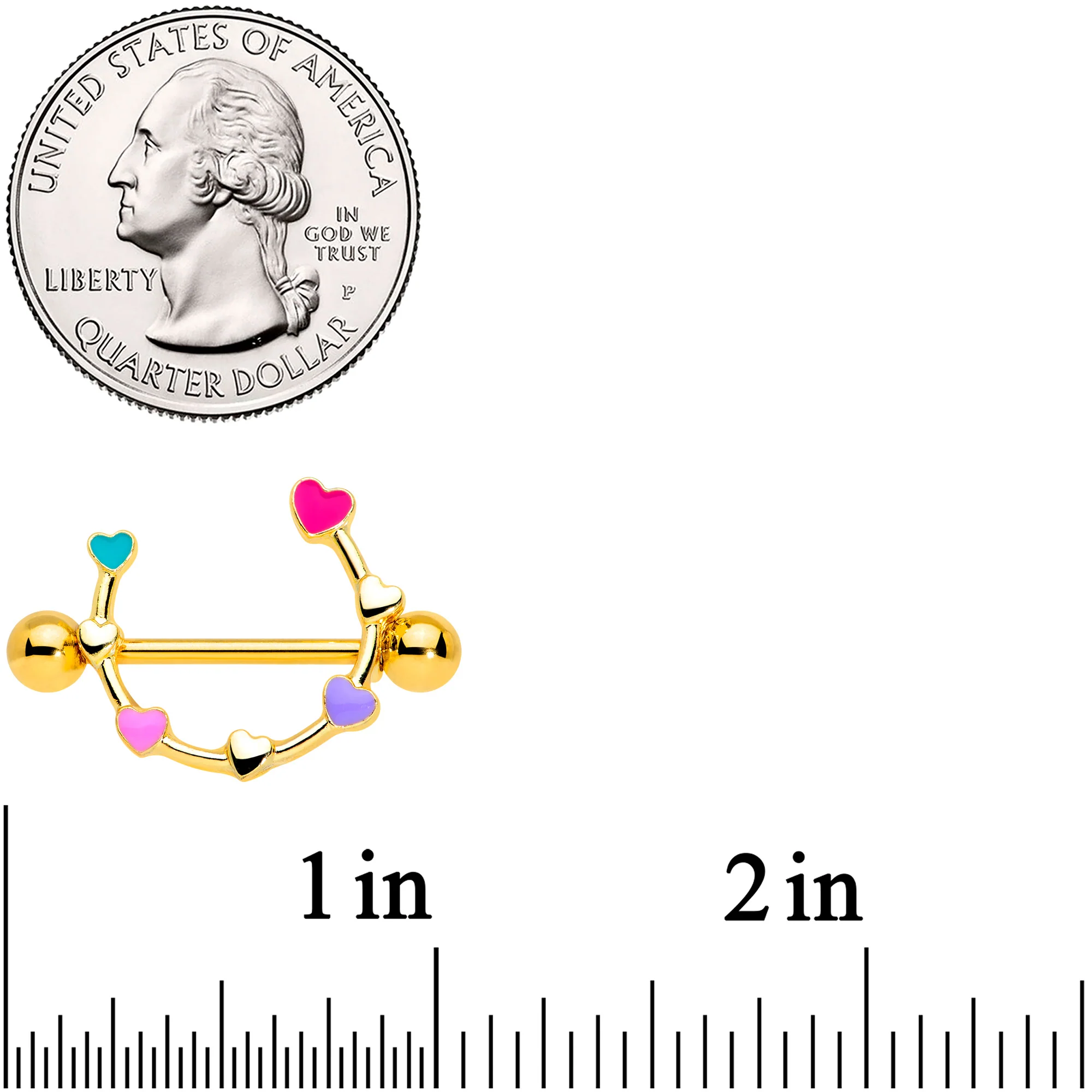 14G 9/16 Gold Tone Little Rainbow Hearts Nipple Shield Set - Image 4