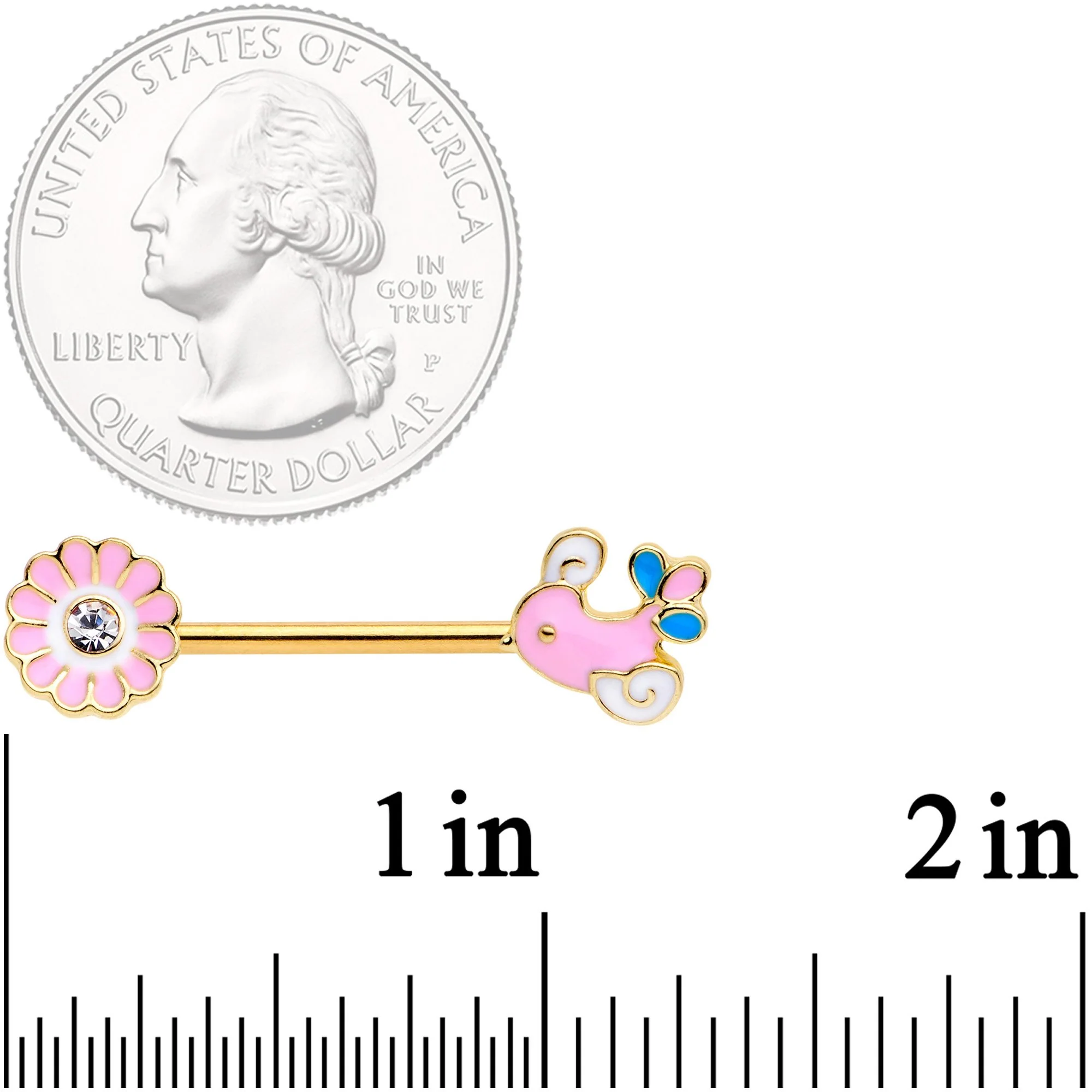 14G 9/16 Gold Tone Pink Bird Flower Barbell Nipple Ring Set - Image 2
