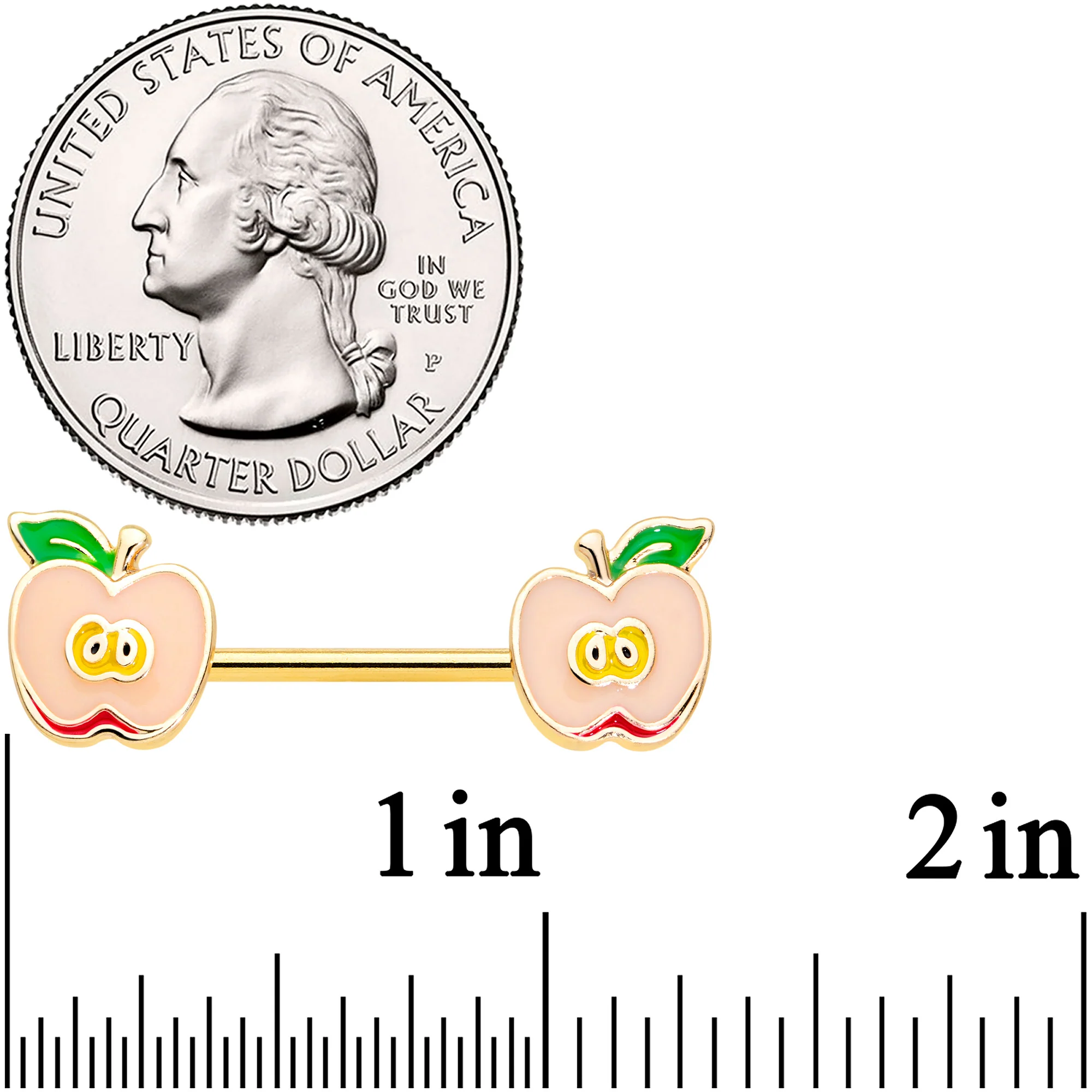 14G 9/16 Gold Tone Sweet Apple Barbell Nipple Ring Set - Image 2
