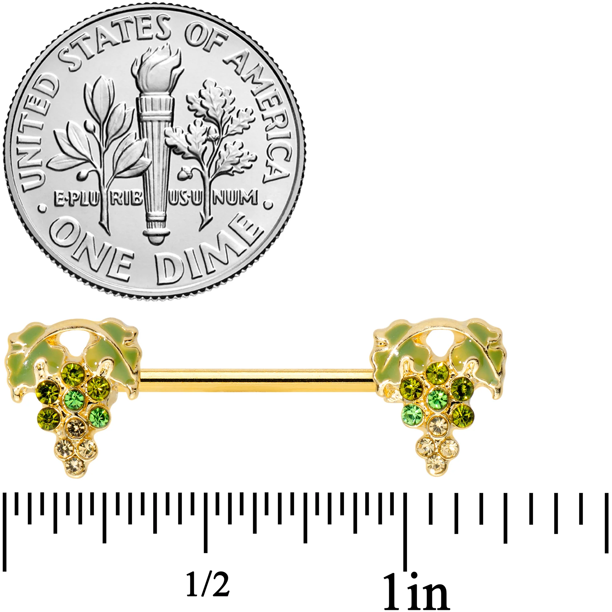14G 9/16 Green Gem Gold Tone Bunch Grapes Barbell Nipple Ring Set - Image 2