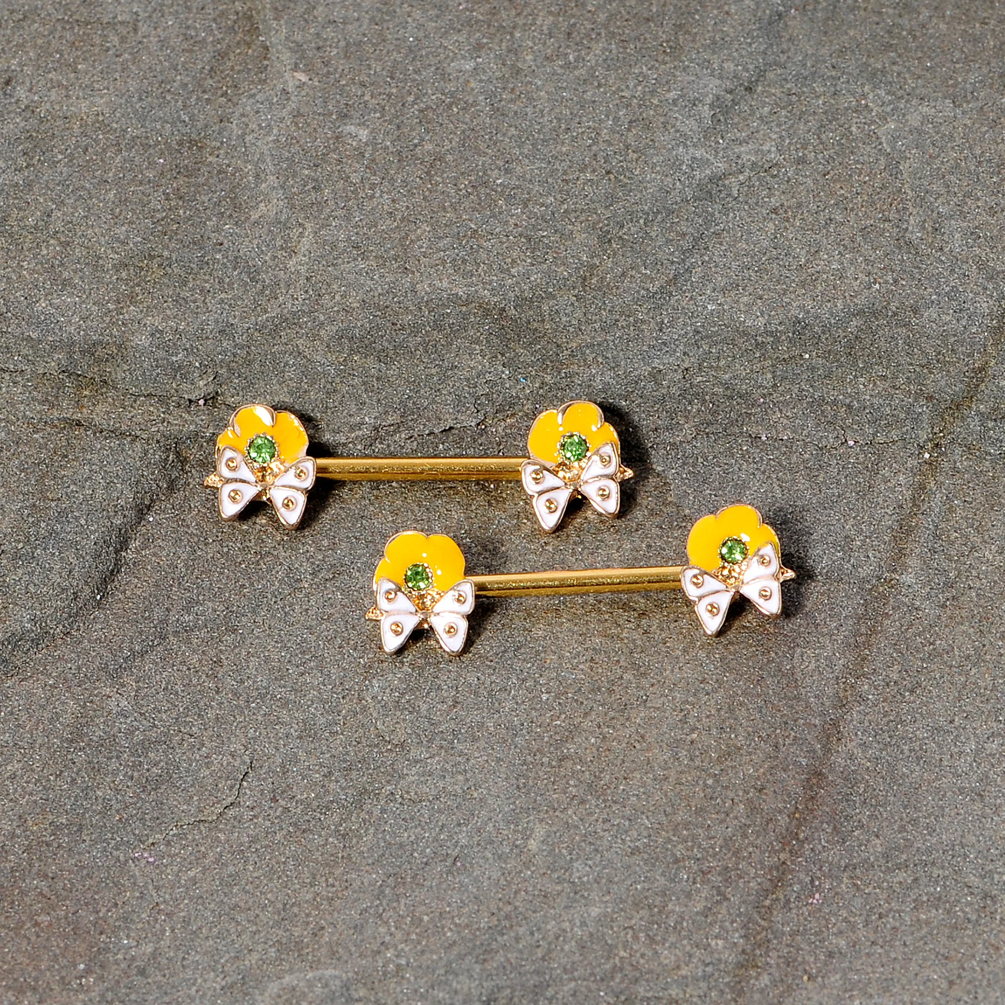 14G 9/16 Green Gem Gold Tone Butterfly Barbell Nipple Ring Set - Image 3