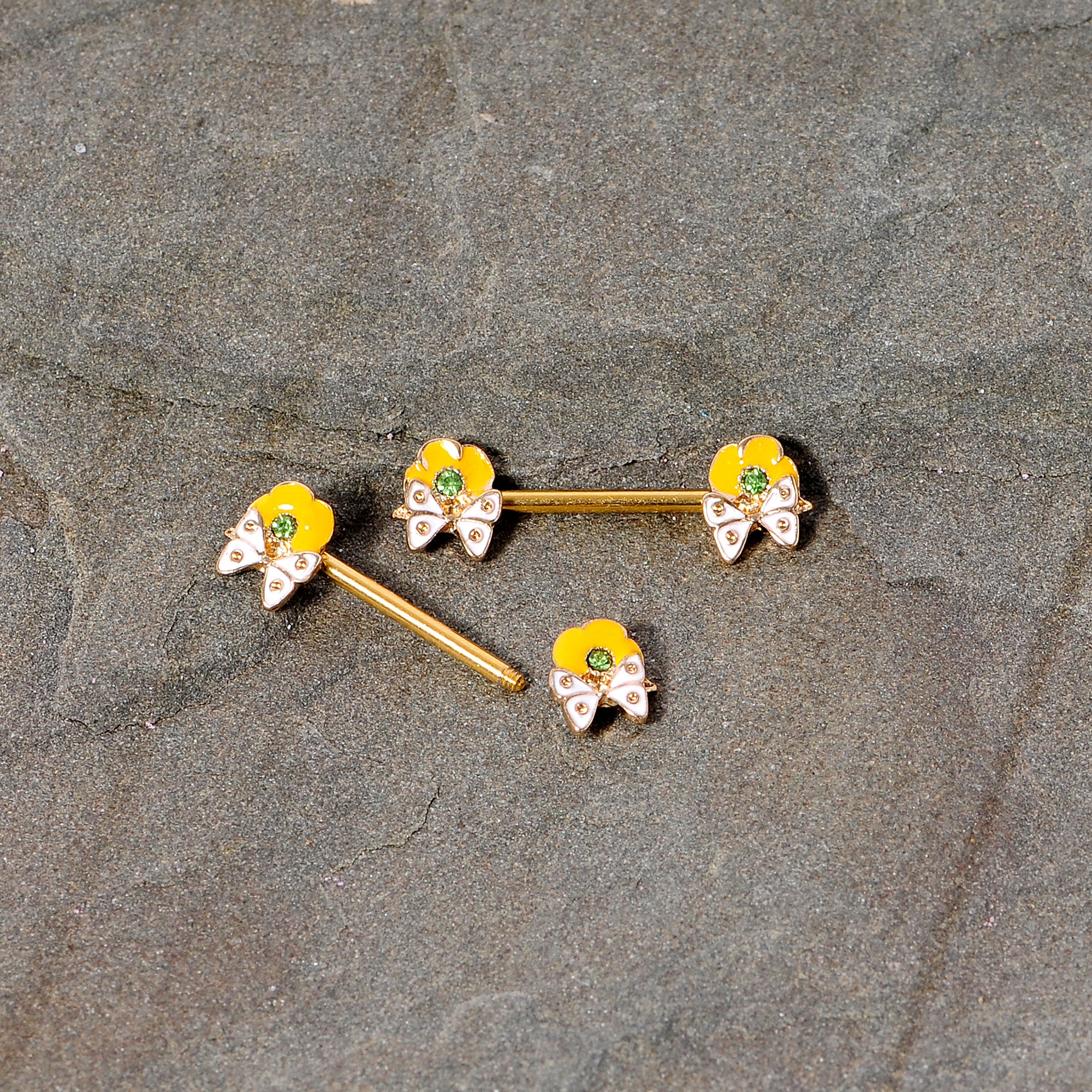 14G 9/16 Green Gem Gold Tone Butterfly Barbell Nipple Ring Set - Image 4