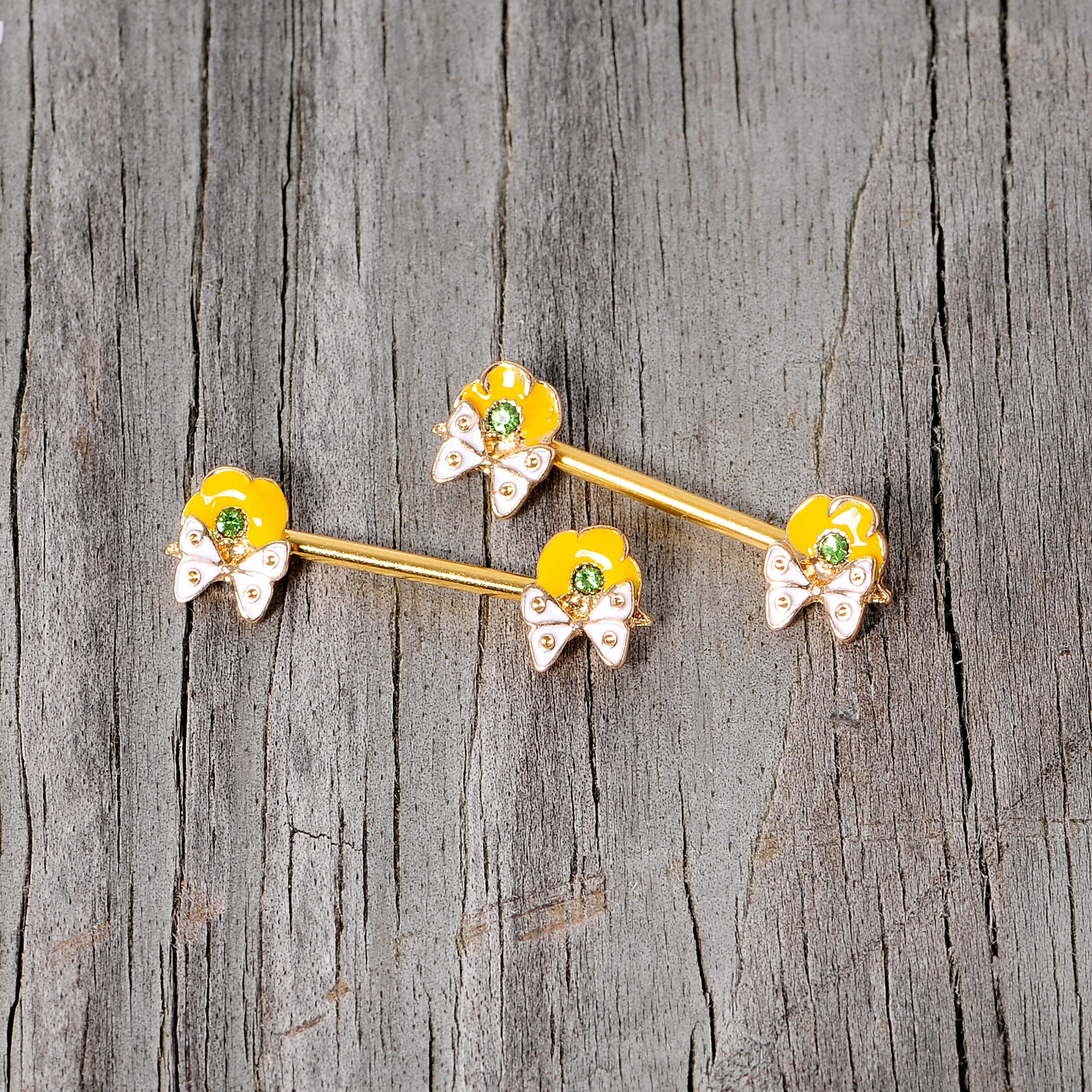 14G 9/16 Green Gem Gold Tone Butterfly Barbell Nipple Ring Set - Image 5