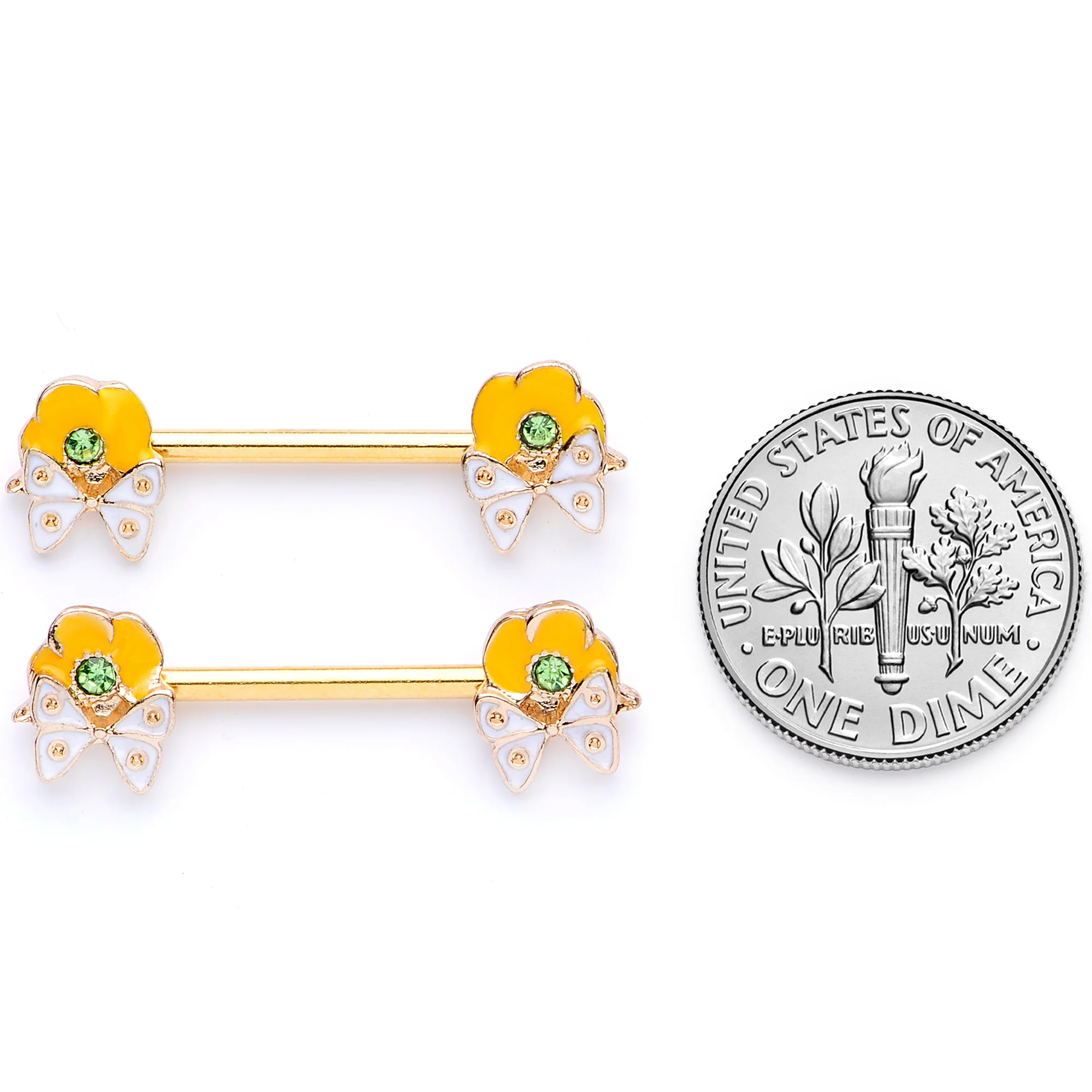14G 9/16 Green Gem Gold Tone Butterfly Barbell Nipple Ring Set - Image 6