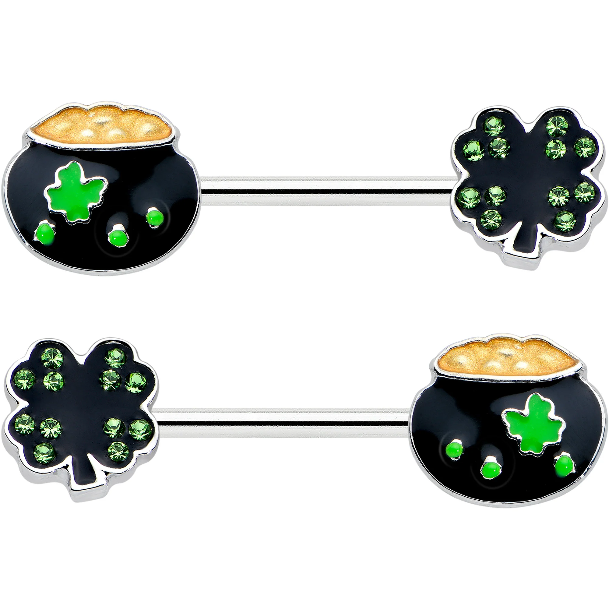 14G 9/16 Green Gem Shamrock Pot of Gold Barbell Nipple Ring Set - Image 2