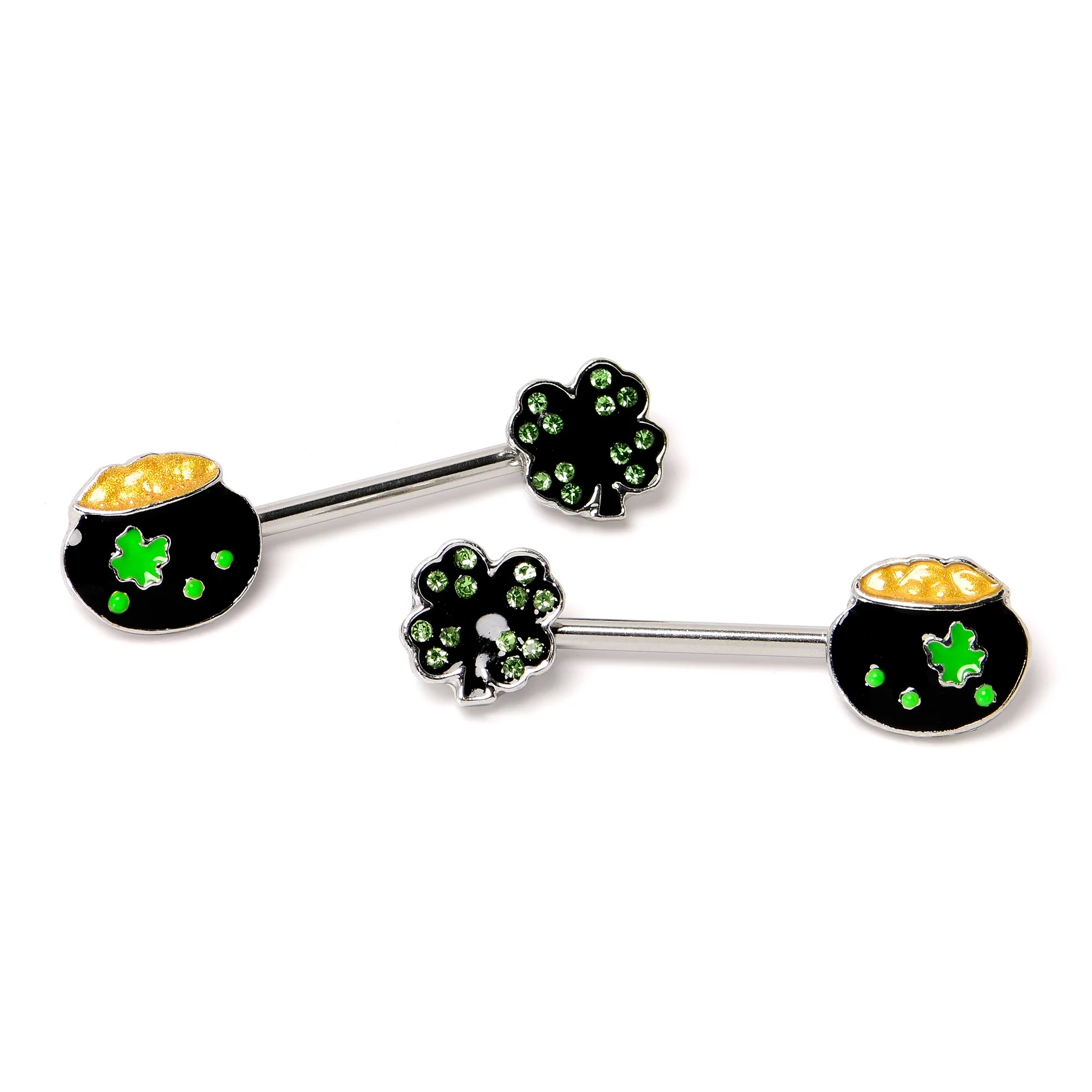 14G 9/16 Green Gem Shamrock Pot of Gold Barbell Nipple Ring Set - Image 5