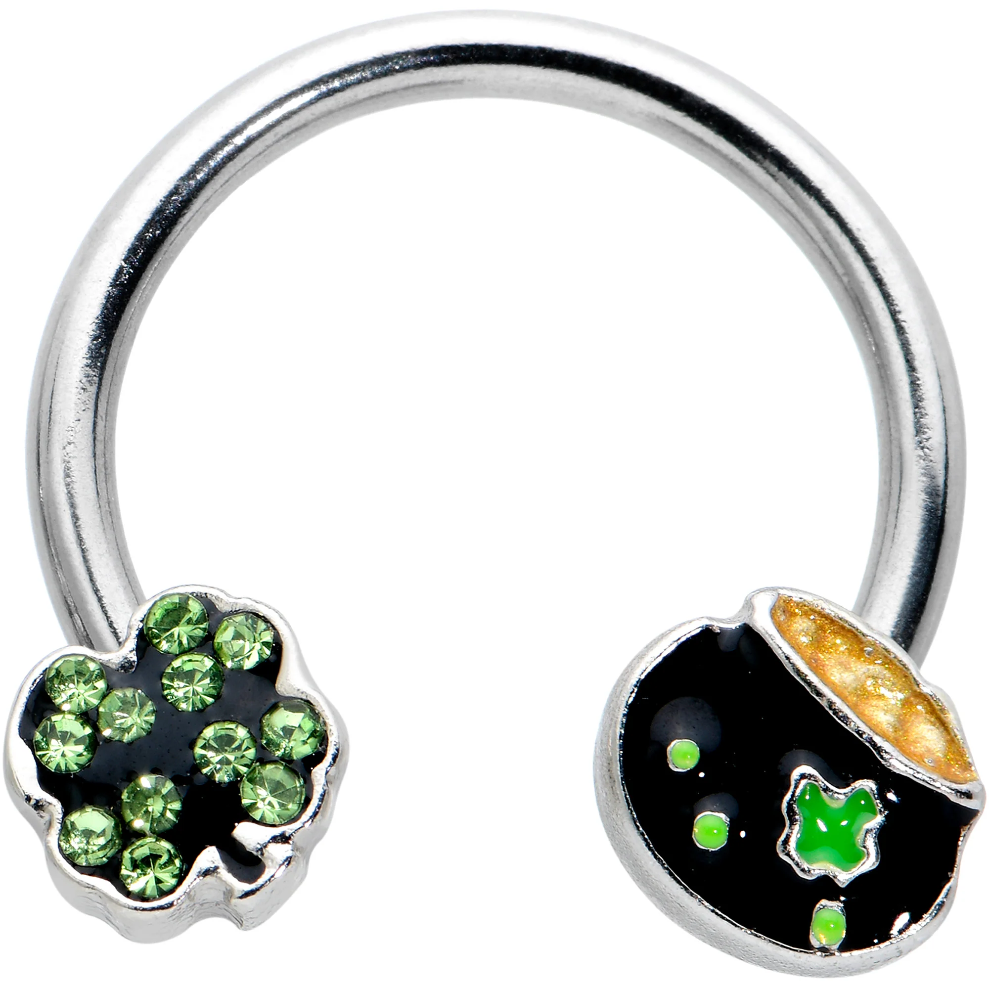 14G 9/16 Green Gem Shamrock Pot of Gold Horseshoe Nipple Ring Set - Image 2
