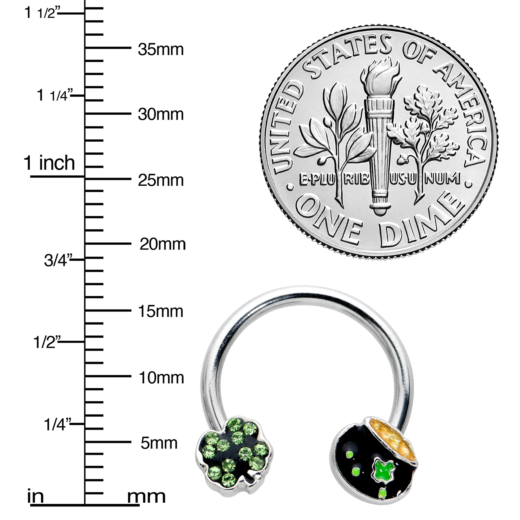 14G 9/16 Green Gem Shamrock Pot of Gold Horseshoe Nipple Ring Set - Image 3