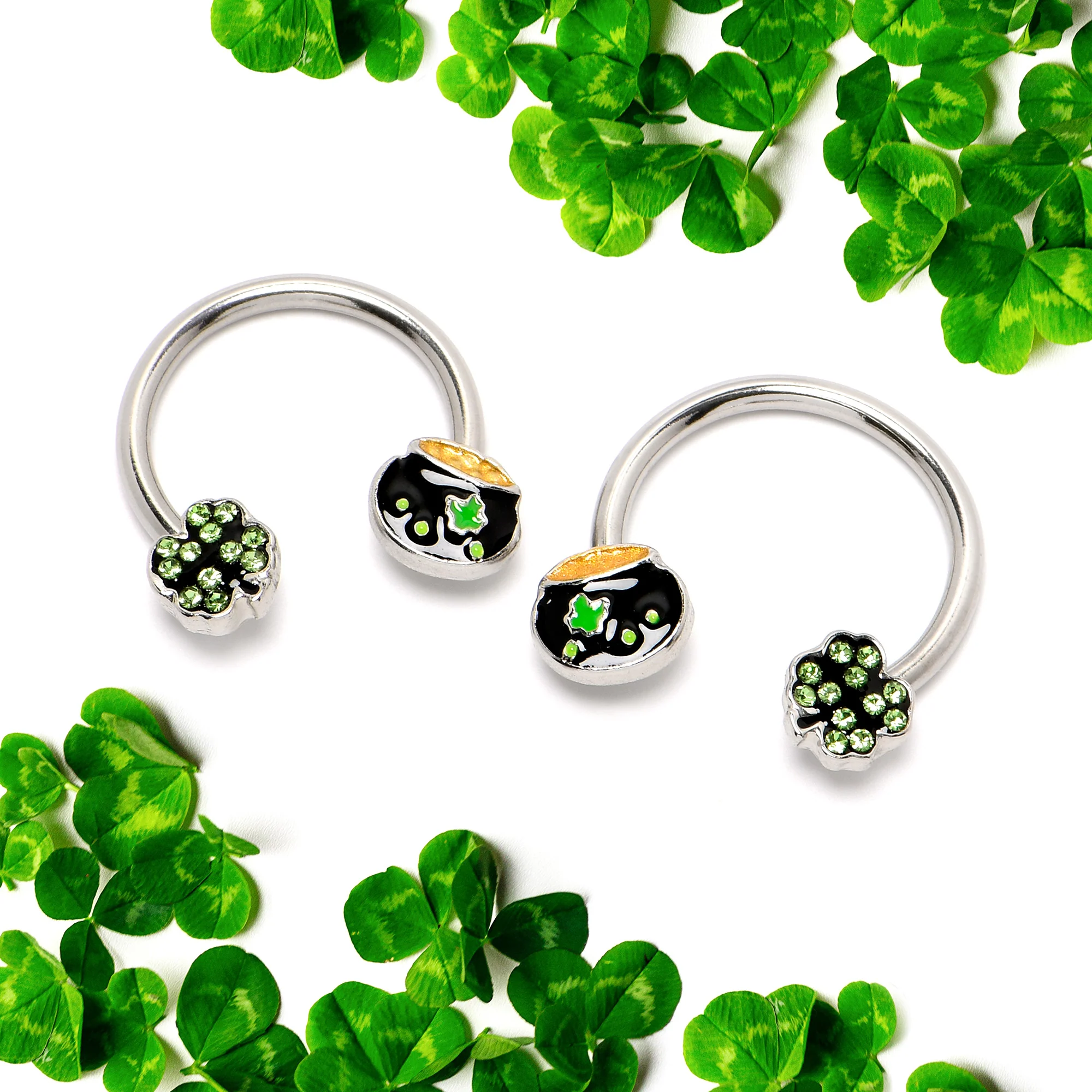 14G 9/16 Green Gem Shamrock Pot of Gold Horseshoe Nipple Ring Set - Image 4